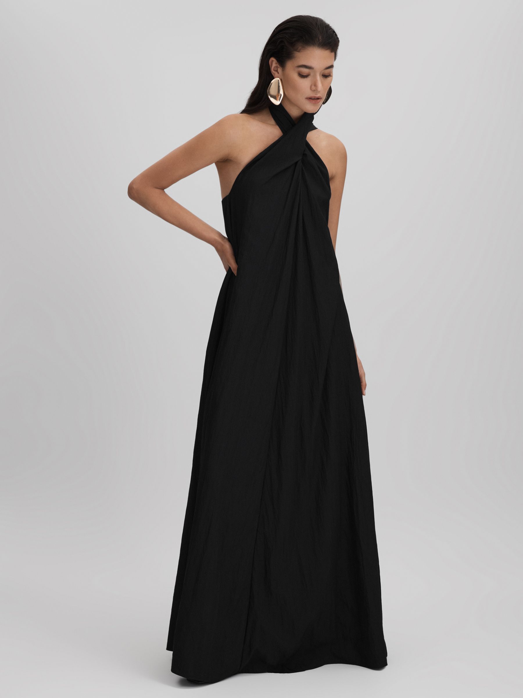Taffeta Halter Neck Maxi Dress in Black - Image 1 of 6