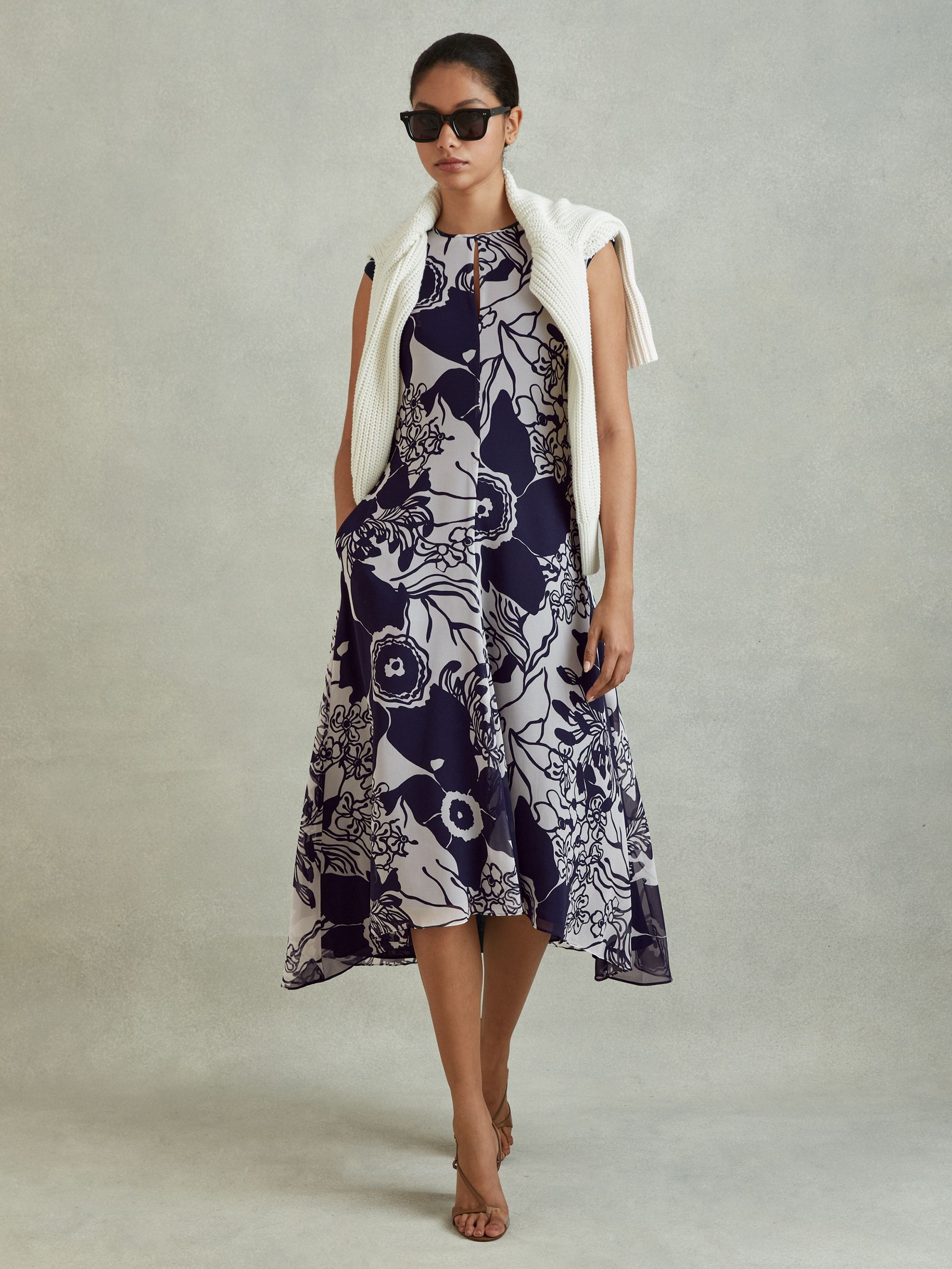 Printed Open Back Midi Dress in Blue - Image 1 of 5