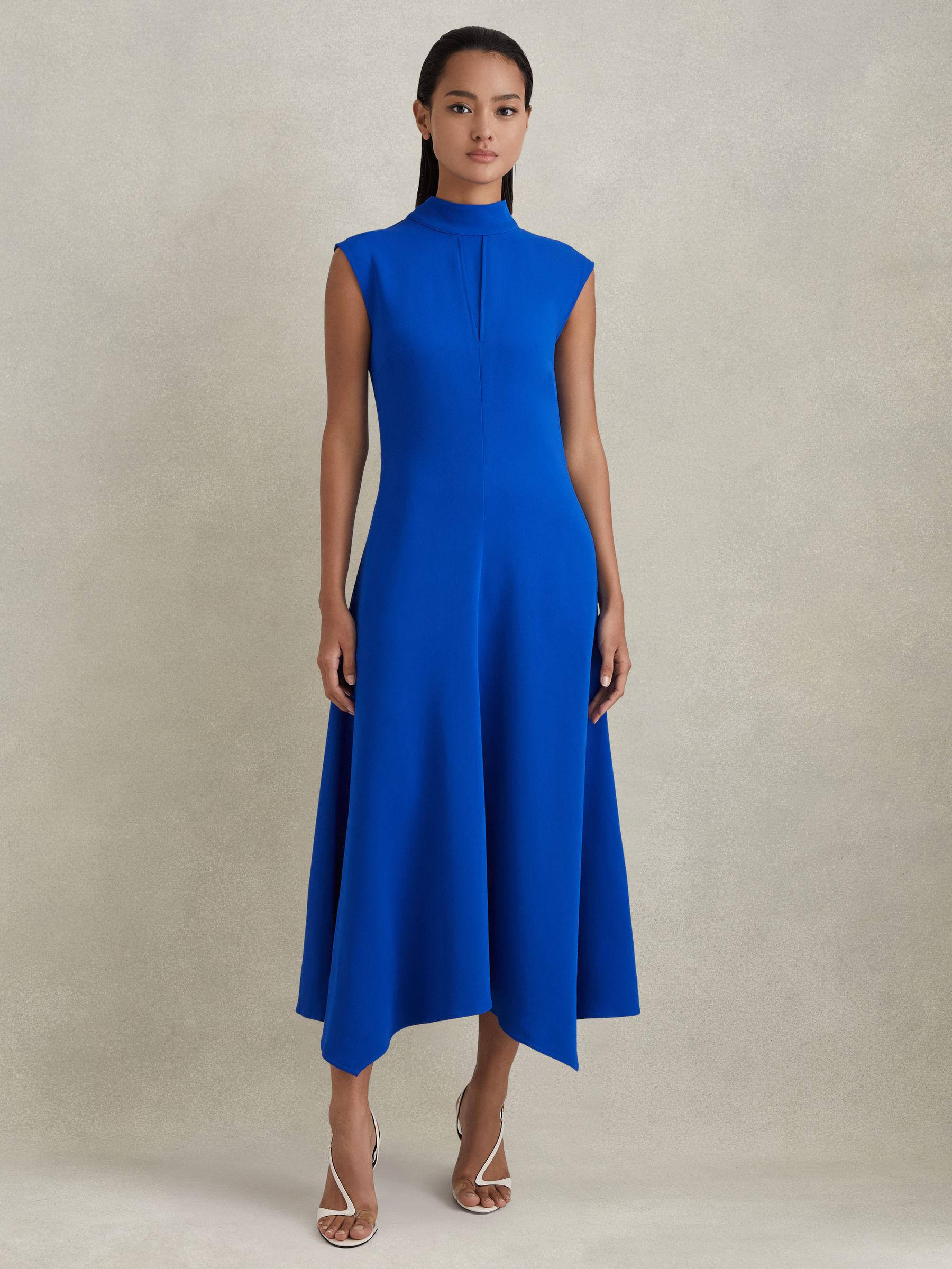 Fitted Asymmetric Midi Dress in Cobalt Blue - Image 3 of 6