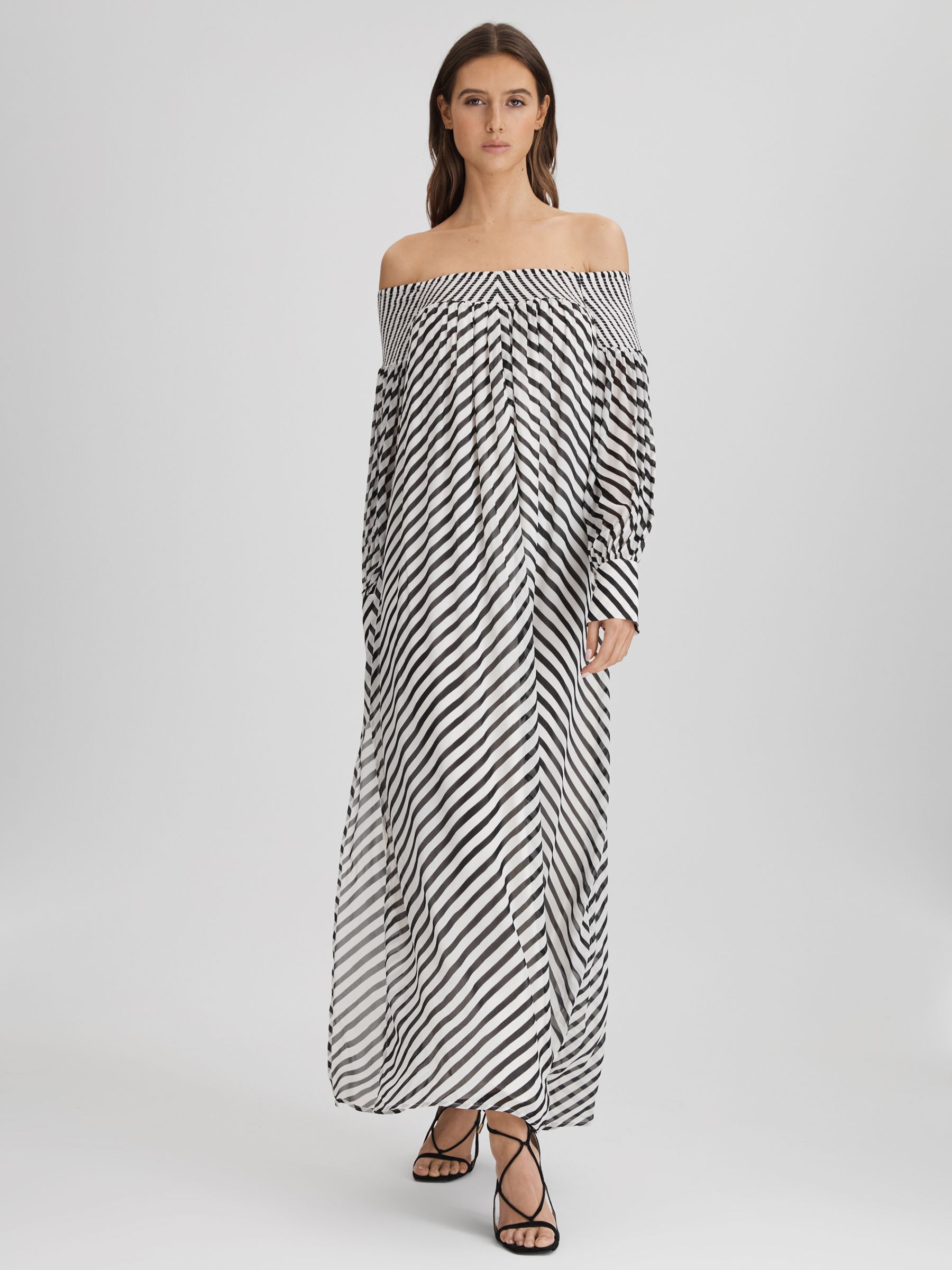 Striped Bardot Maxi Dress in Black/Cream - Image 3 of 7