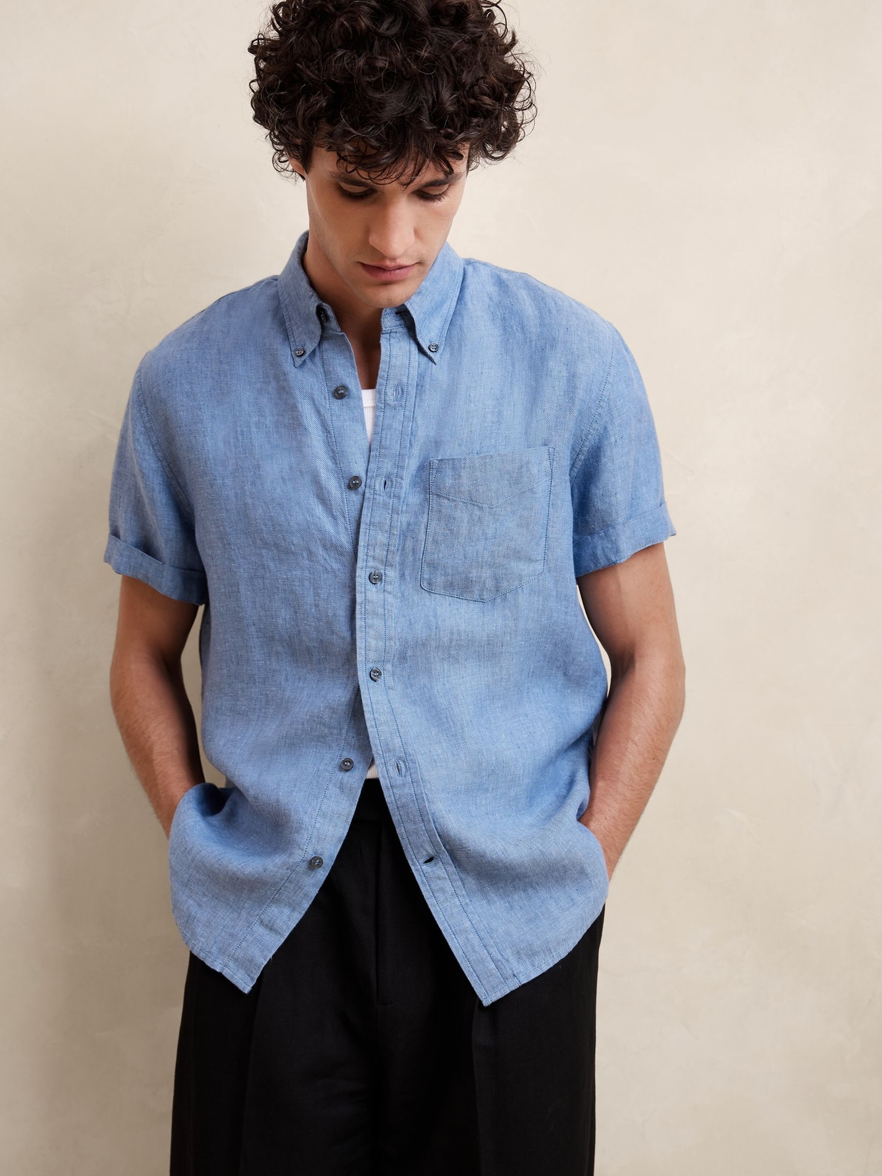 Banana Republic Blue 100% Linen Castelletto Short Sleeve Shirt - Image 1 of 1