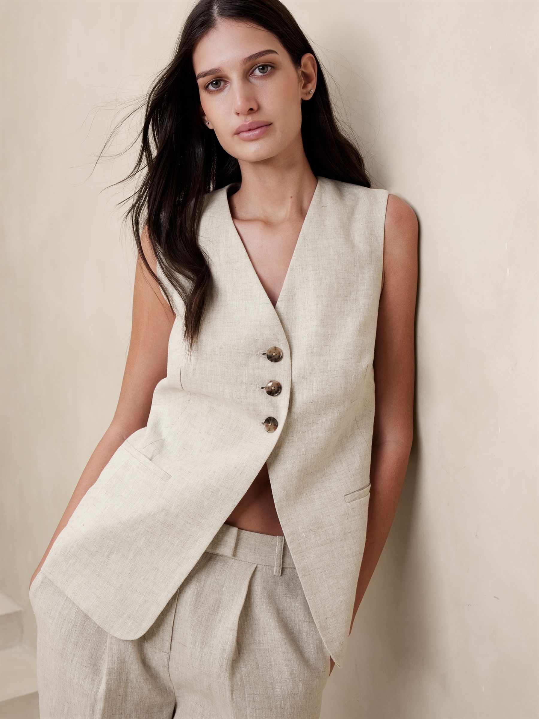 Banana Republic Beige Lina Linen Waistcoat - Image 1 of 5