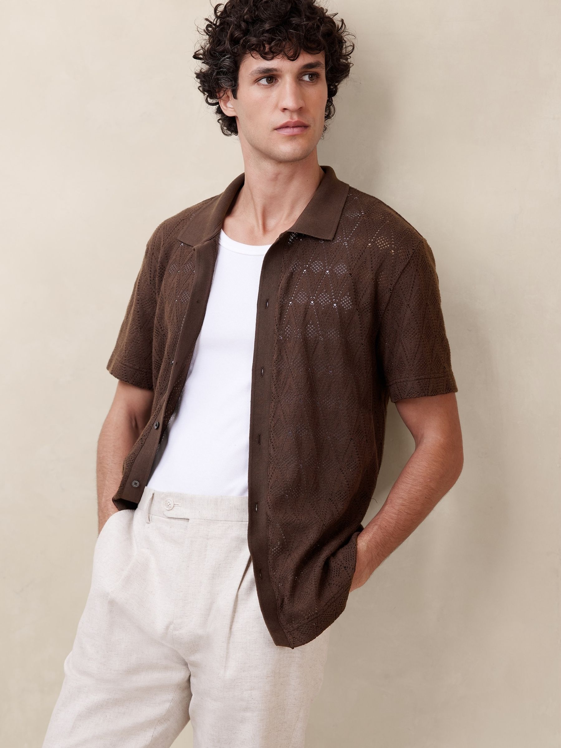 Banana Republic Brown Headlands Open-Knit Short Sleeve Polo Shirt - Image 1 of 4