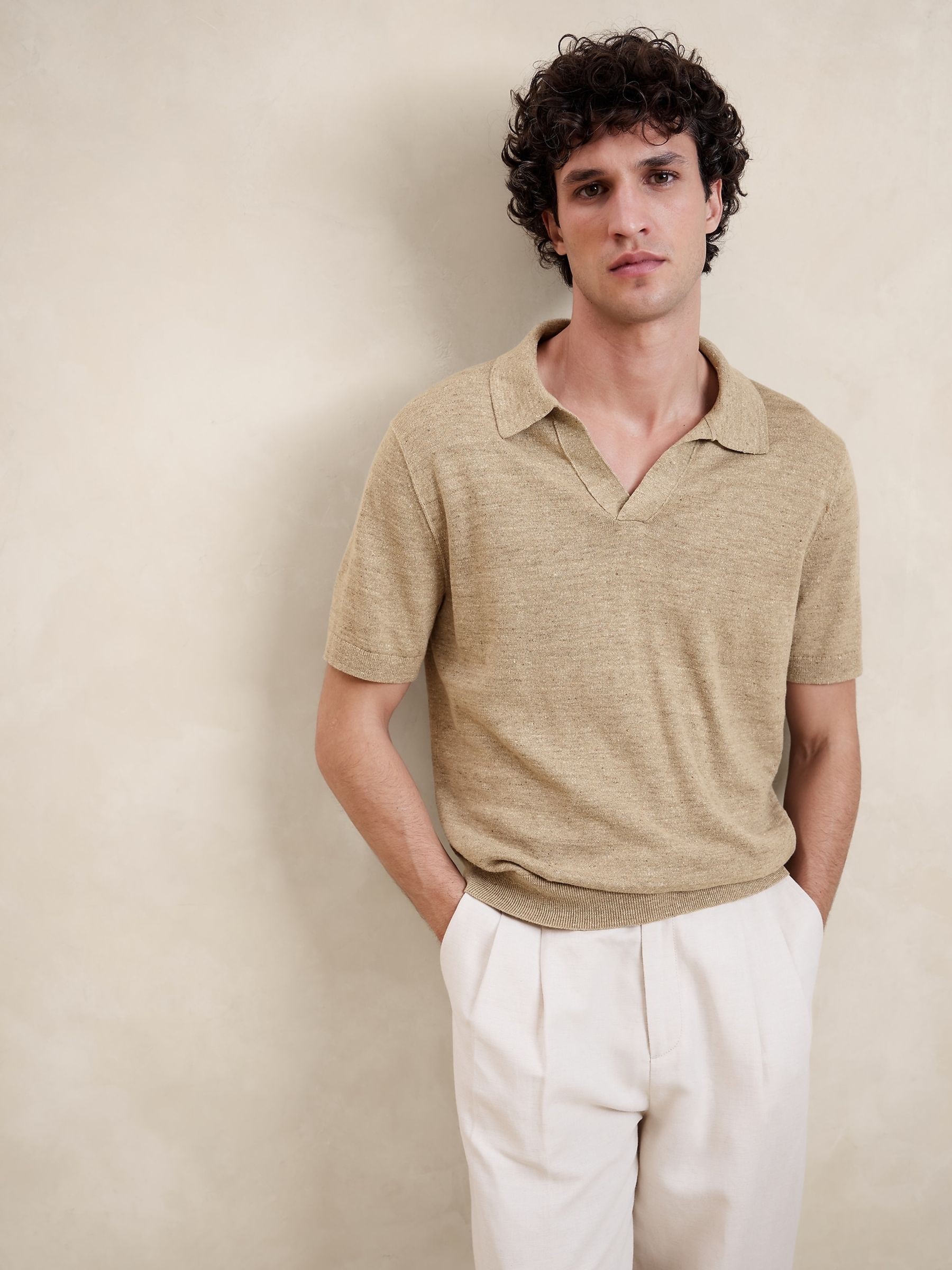Banana Republic Beige Giorgio Linen Cotton Sweater Polo Top - Image 1 of 1