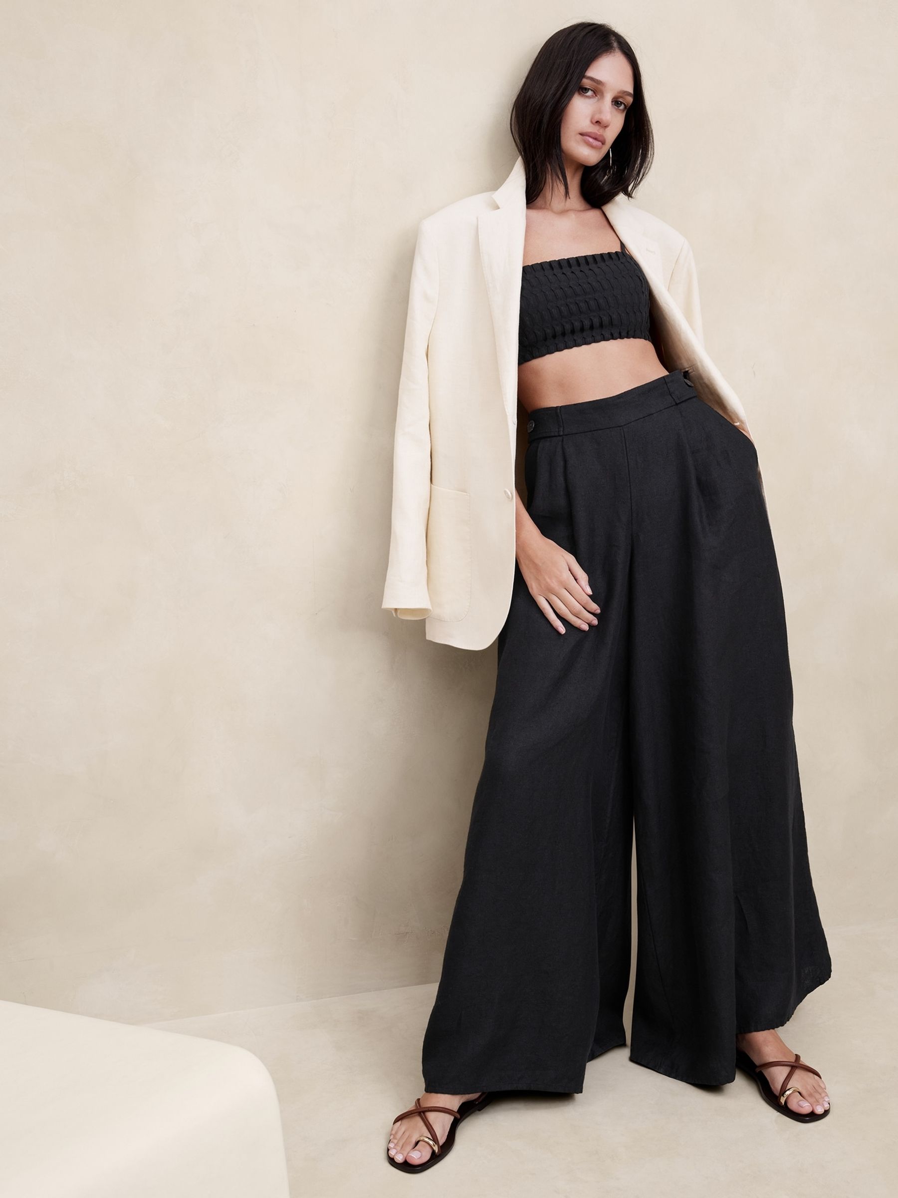 Banana Republic Black Lina Linen Wide Leg Trousers - Image 1 of 4