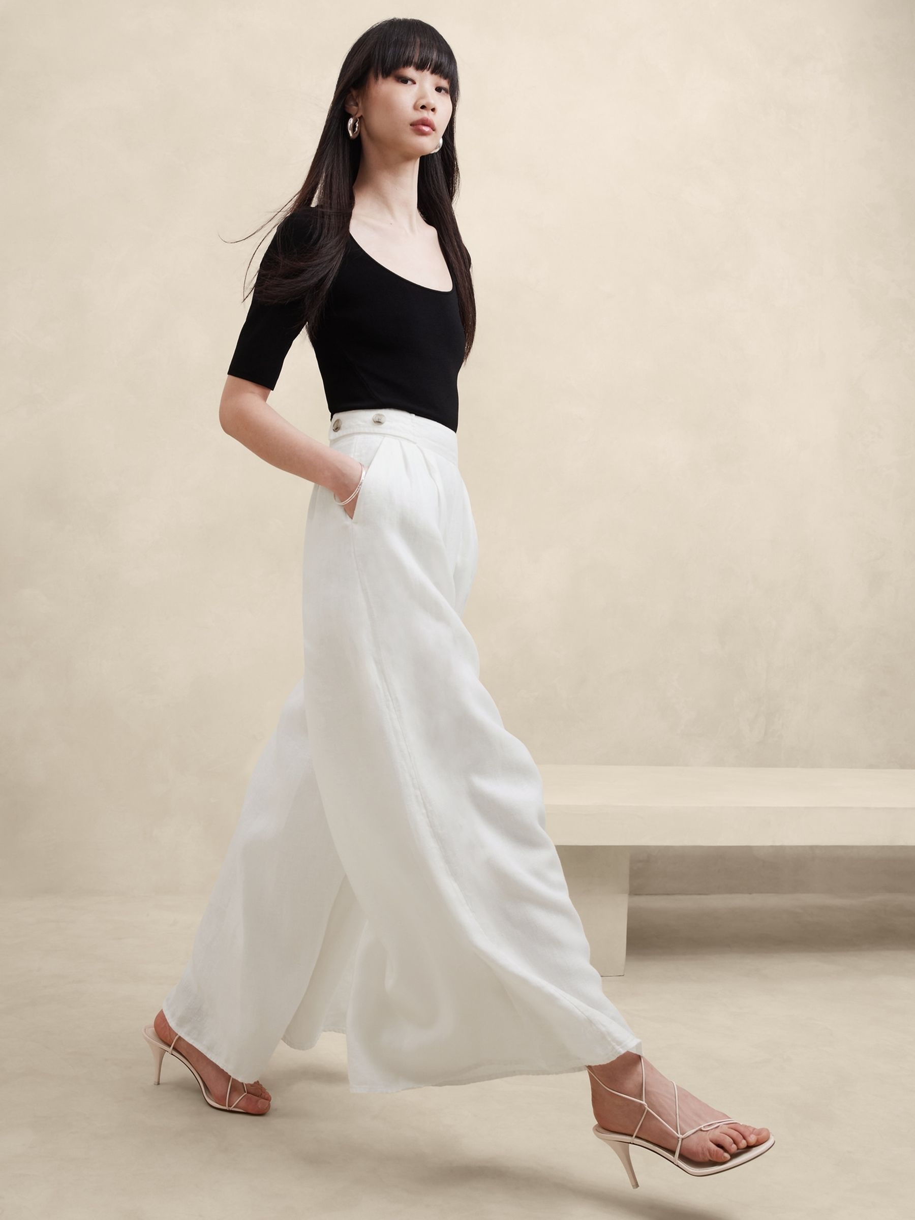 Banana Republic White Lina Linen Wide Leg Trousers - Image 1 of 4