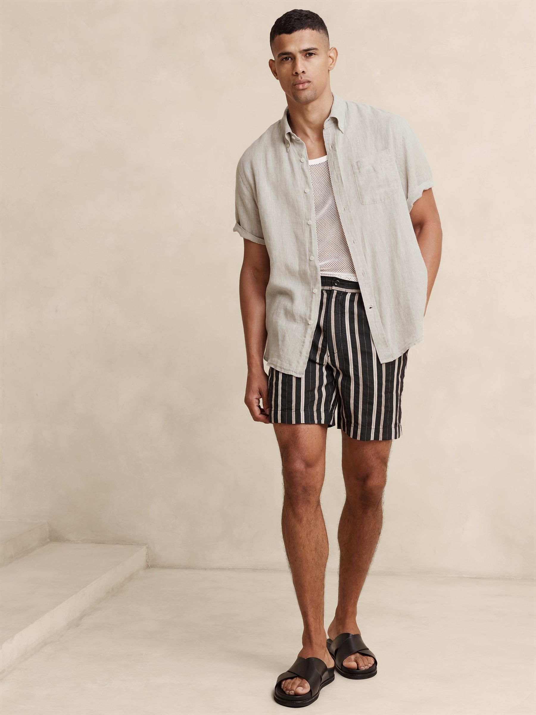 Banana Republic Natural Castelletto Linen Short Sleeve Shirt - Image 1 of 4