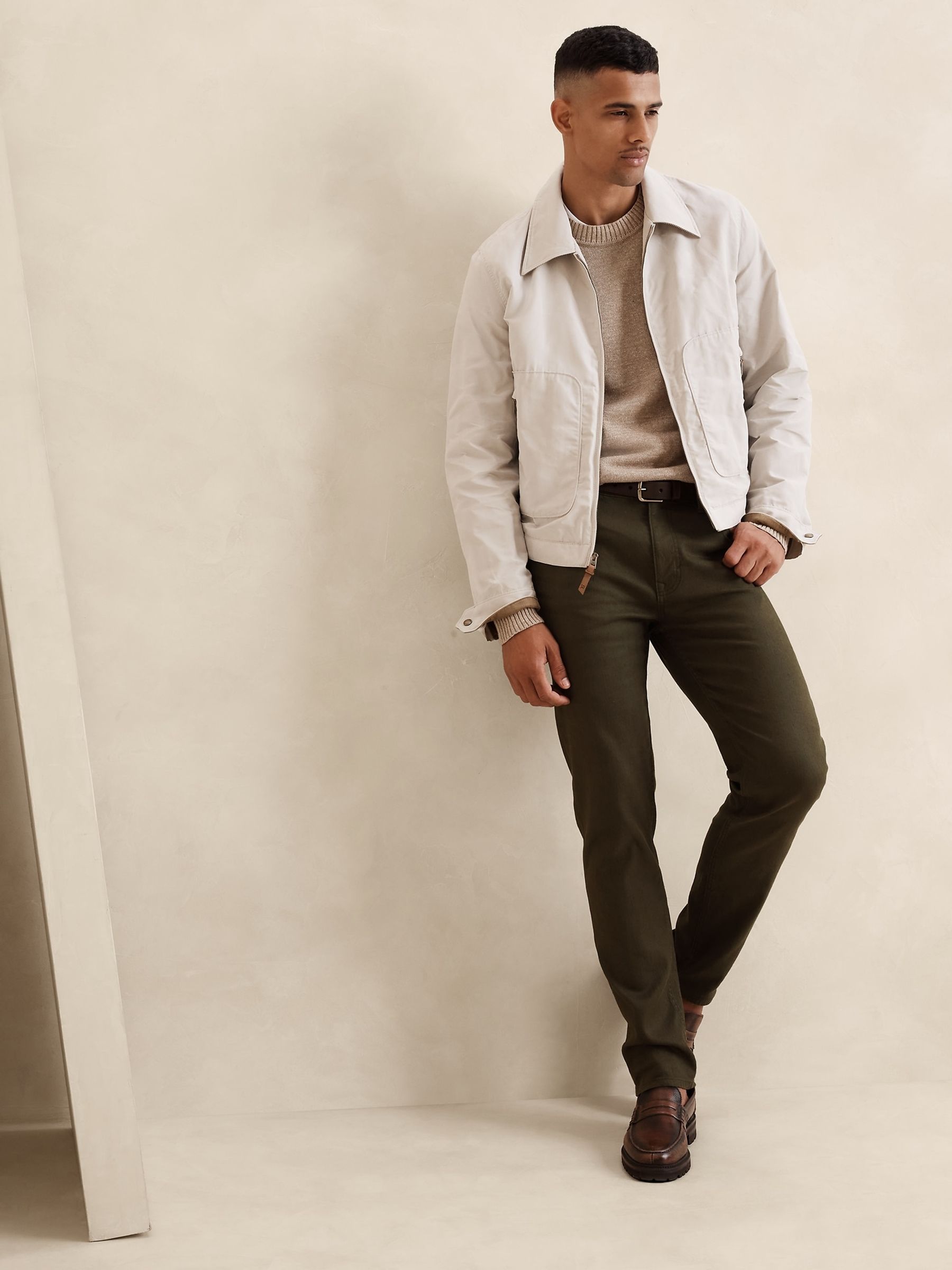 Banana Republic Cream Slim Linen-Cotton Traveler Trousers - Image 1 of 4