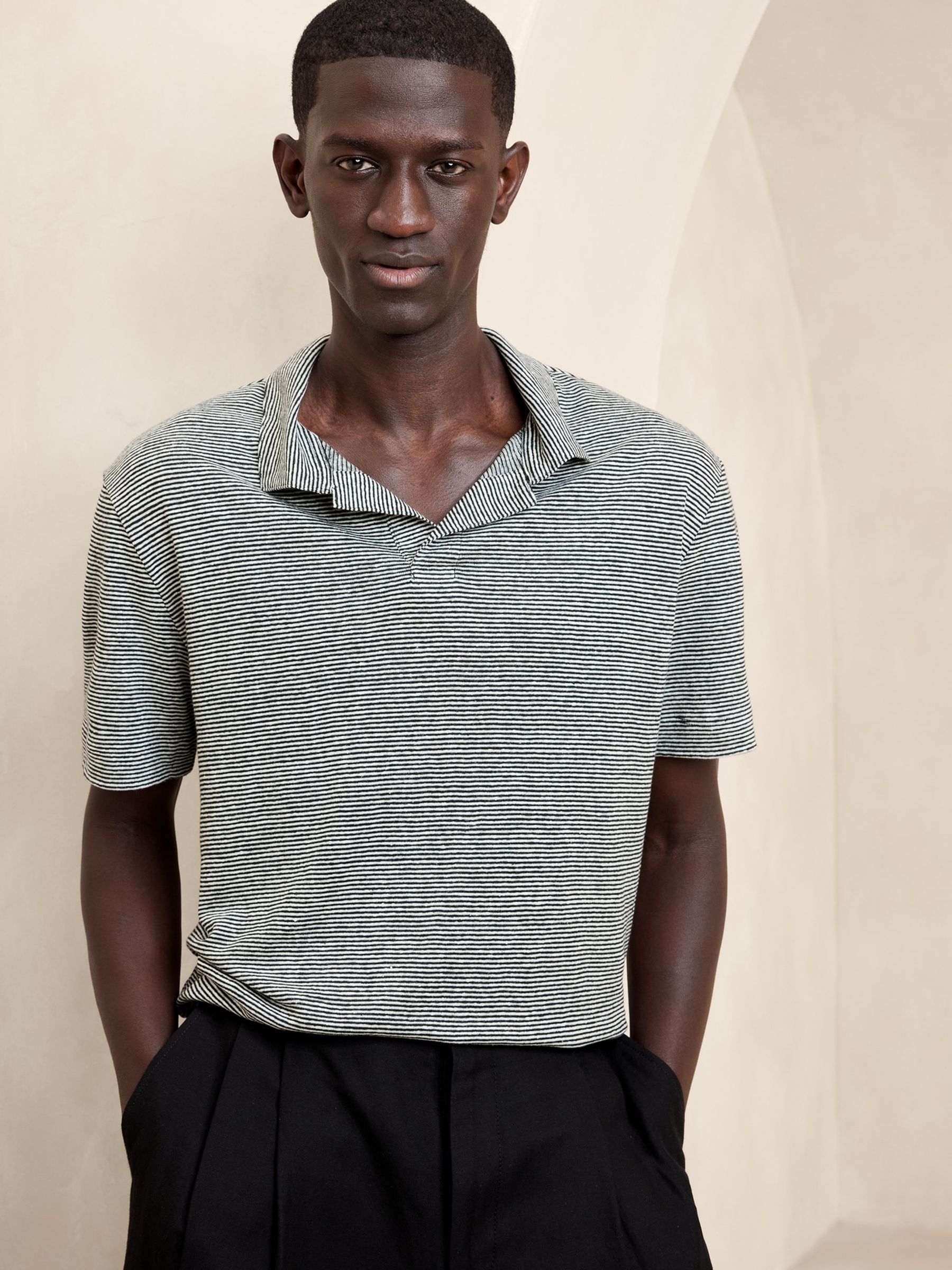 Banana Republic Black/White Stripe Linen Polo Shirt - Image 1 of 1