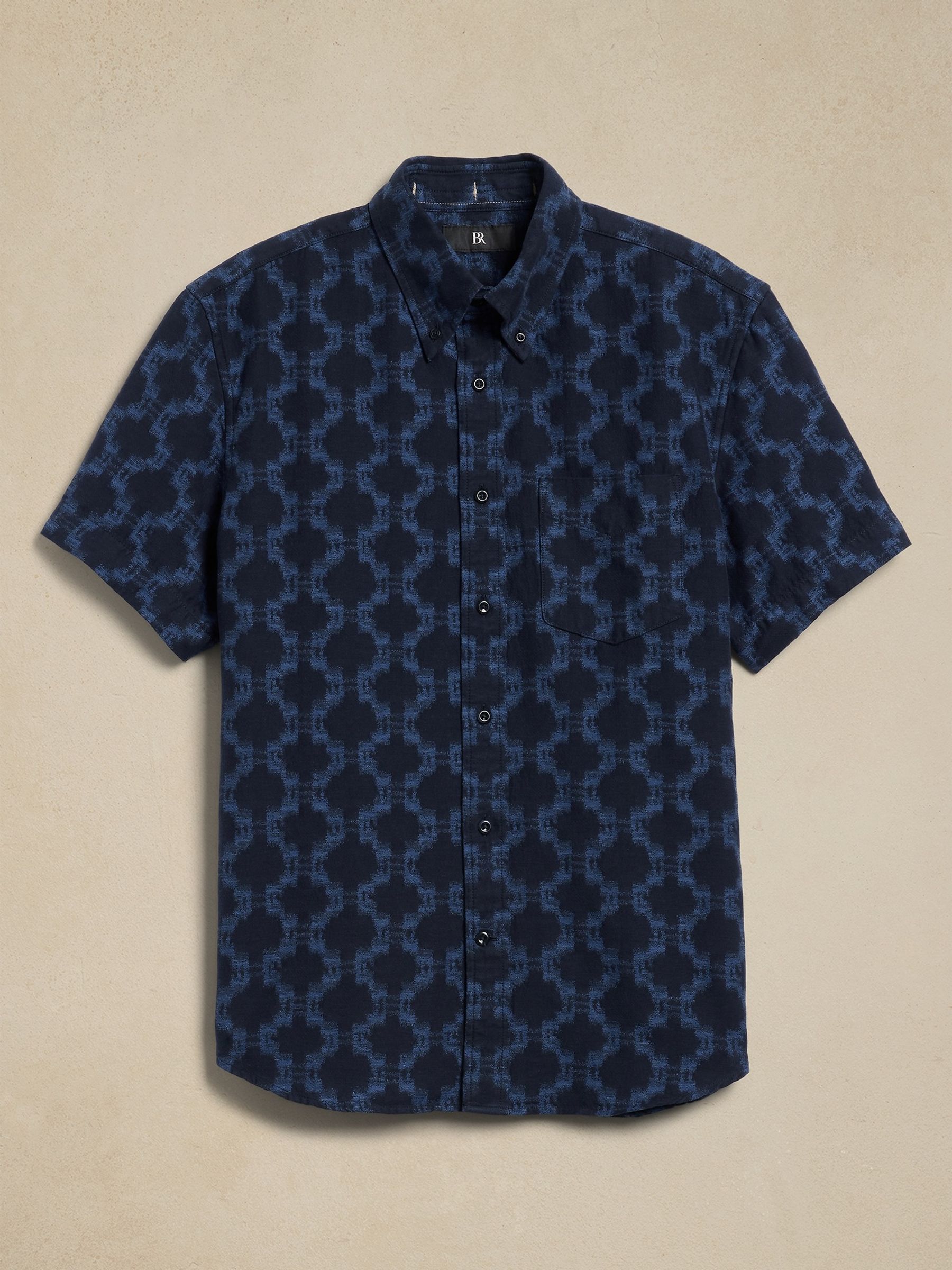 Banana Republic Navy/Blue Avila Linen Jacquard Resort Shirt - Image 4 of 4