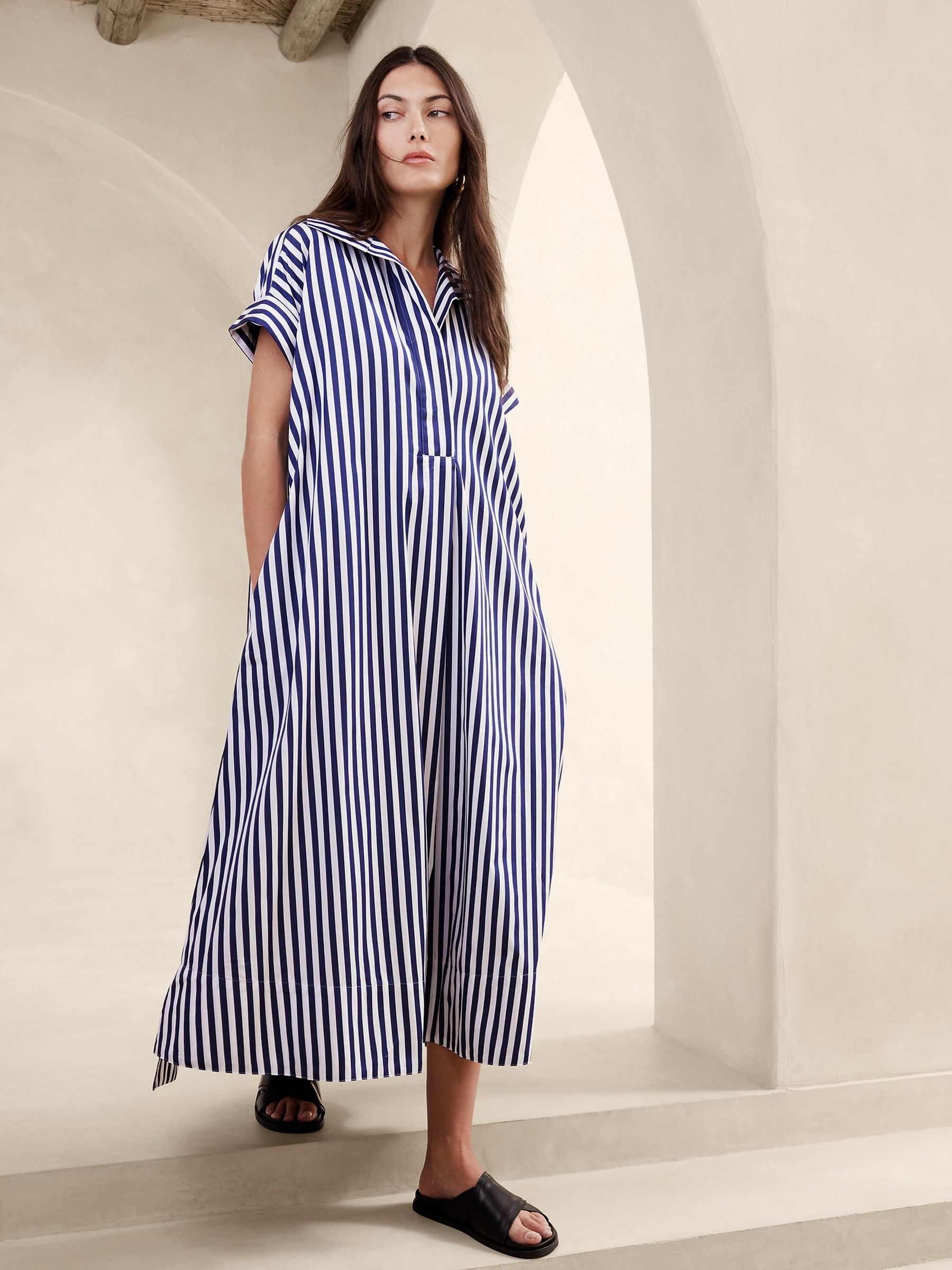 Banana Republic Blue Stripe Cruz Poplin Maxi Dress - Image 1 of 5