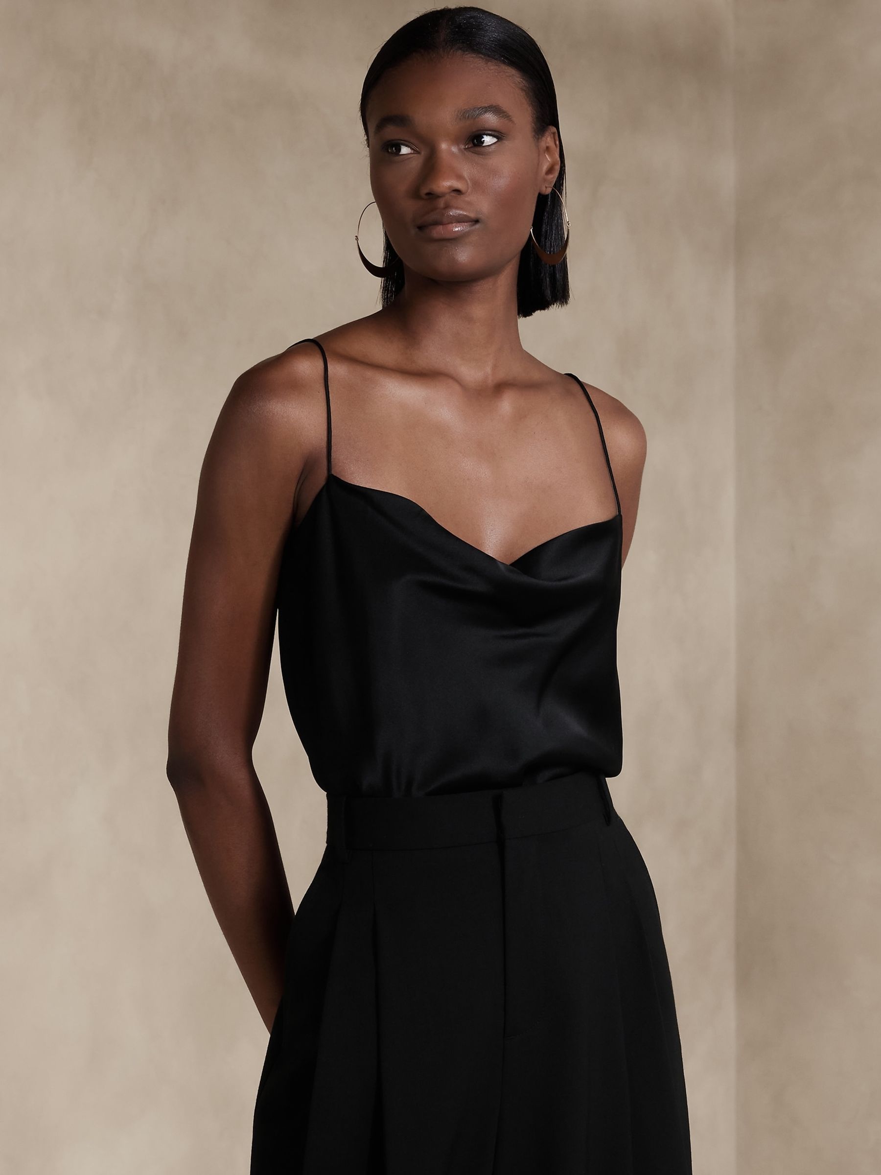 Banana Republic Black Charlotte 100% Silk Cowl Neck Camisole - Image 1 of 5
