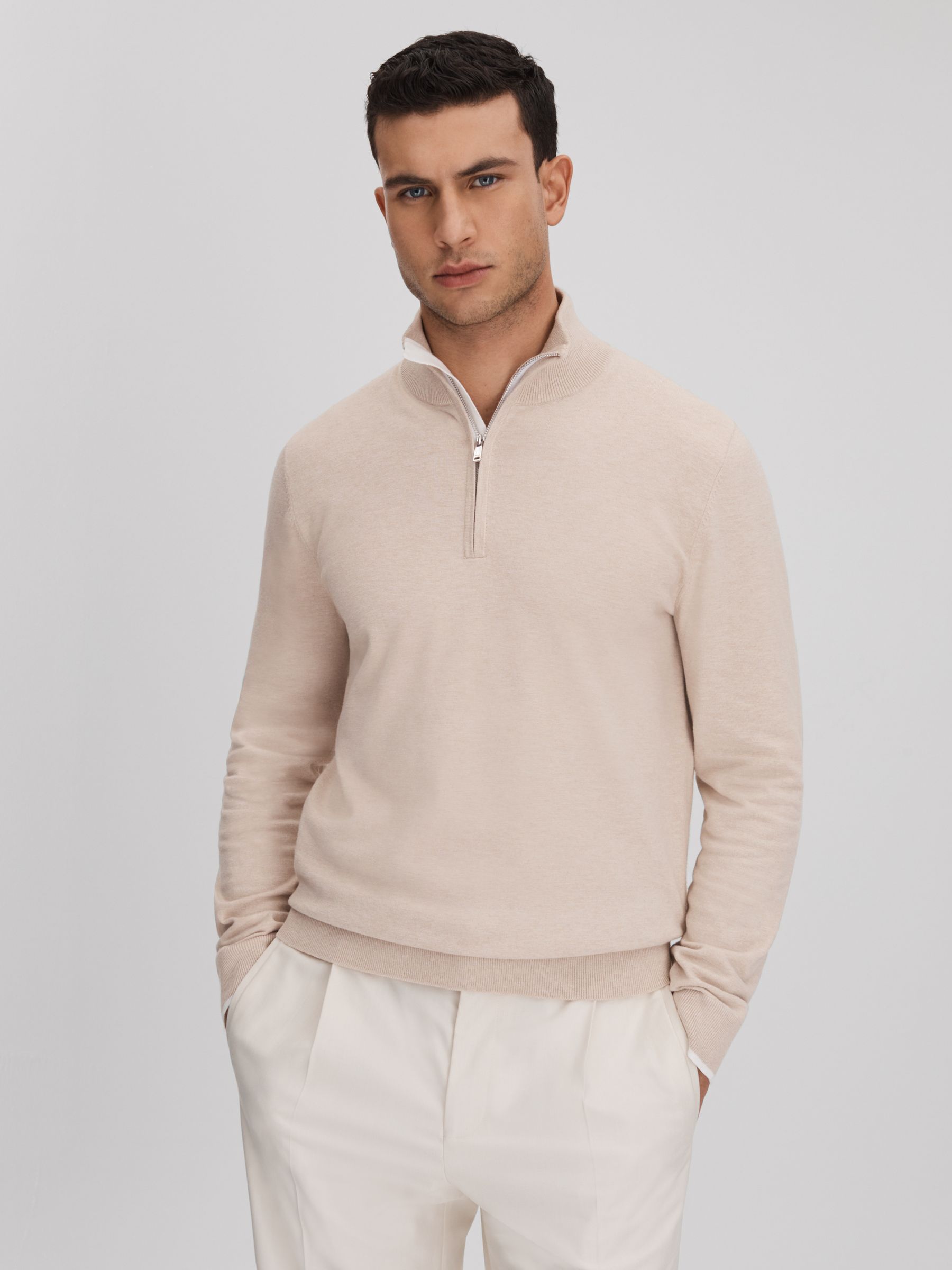 Cotton Blend Half-Zip Funnel Neck Jumper in Camel - Image 1 of 7