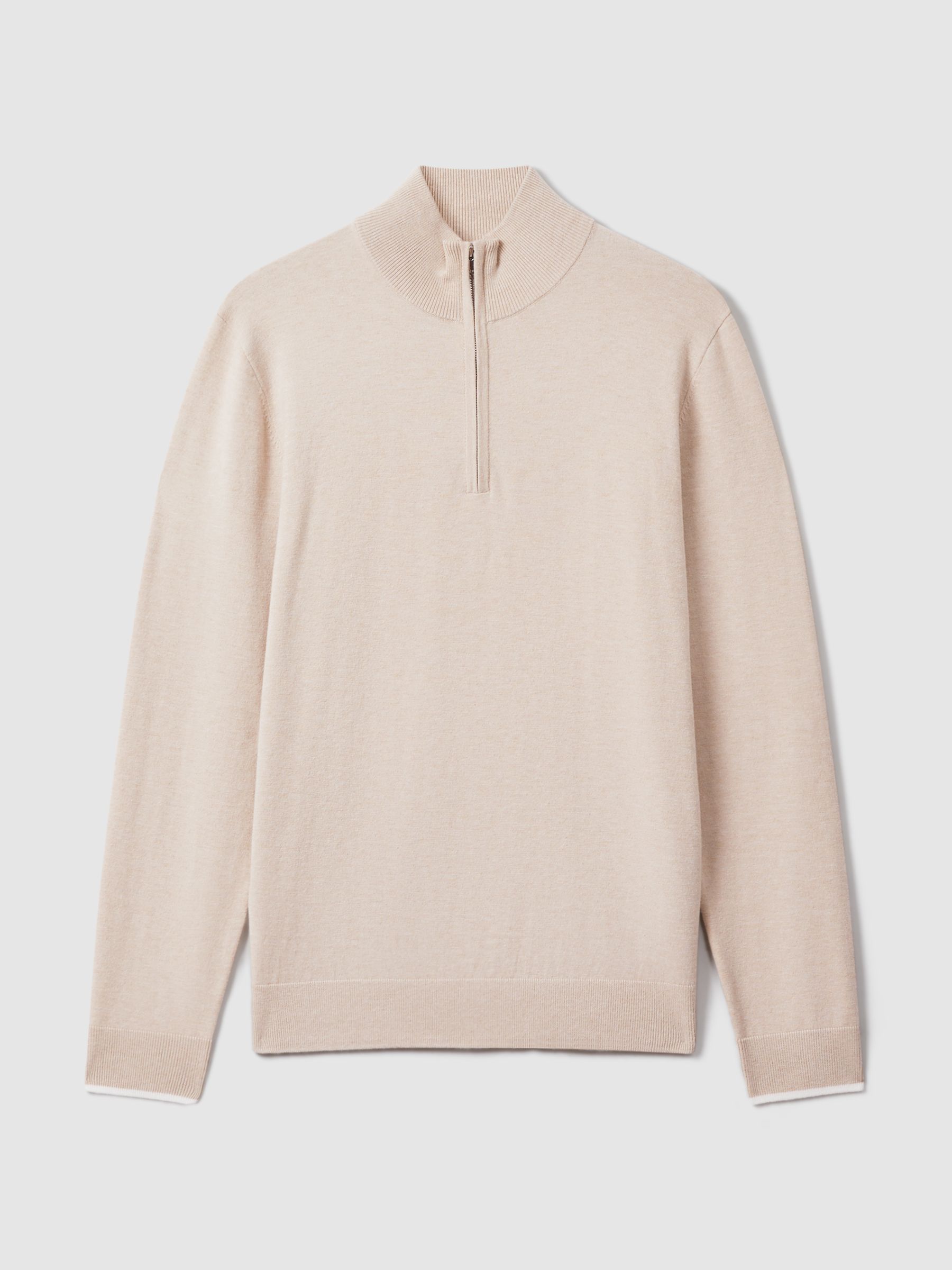 Cotton Blend Half-Zip Funnel Neck Jumper in Camel - Image 2 of 7
