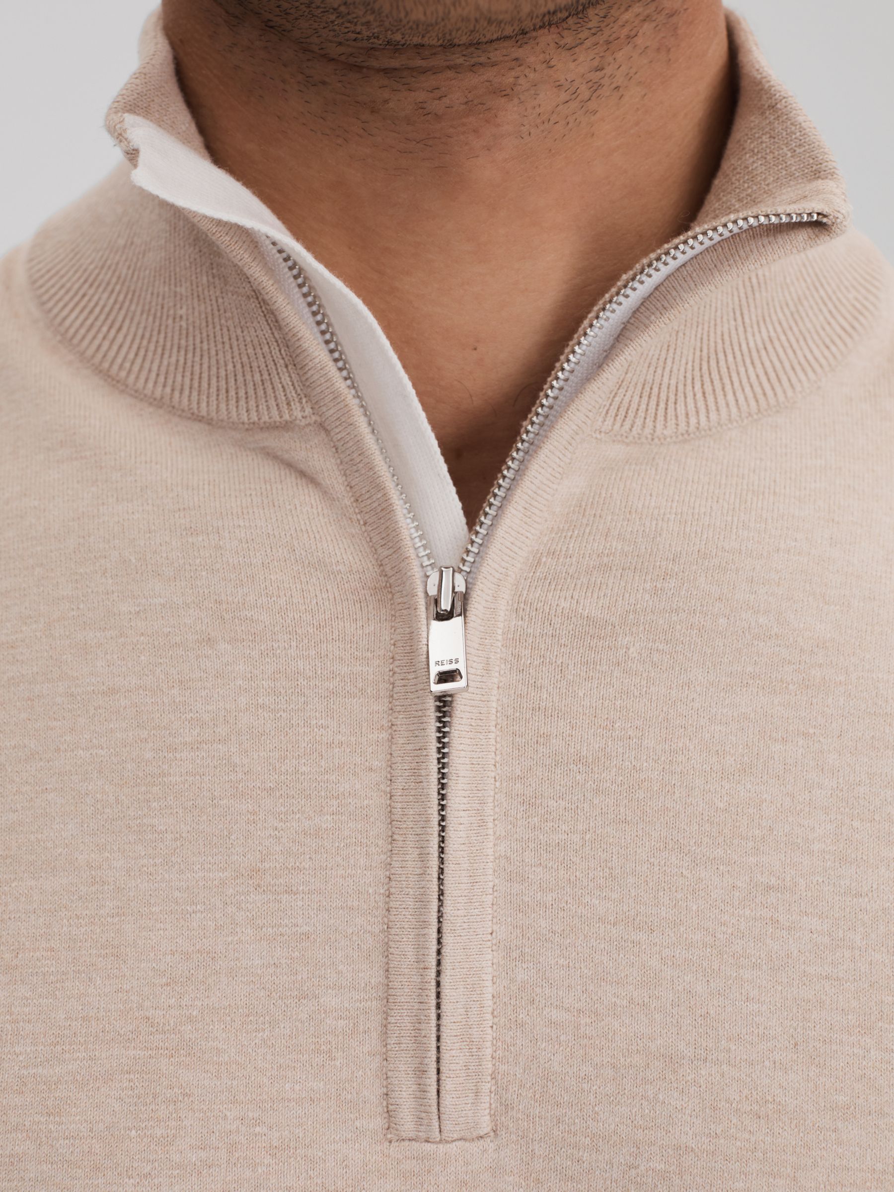Cotton Blend Half-Zip Funnel Neck Jumper in Camel - Image 4 of 7