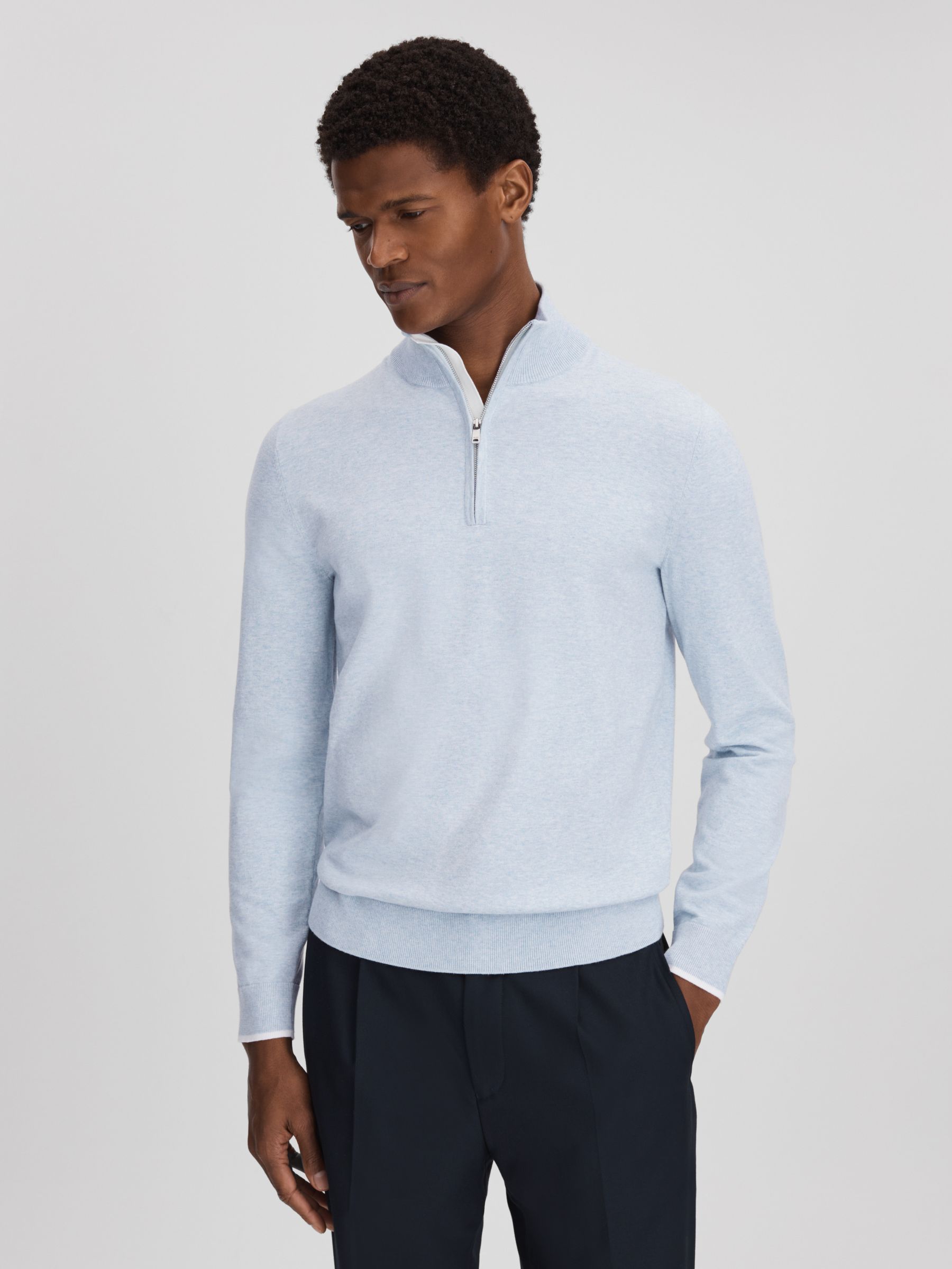 Cotton Blend Half-Zip Funnel Neck Jumper in Soft Blue Melange - Image 1 of 6