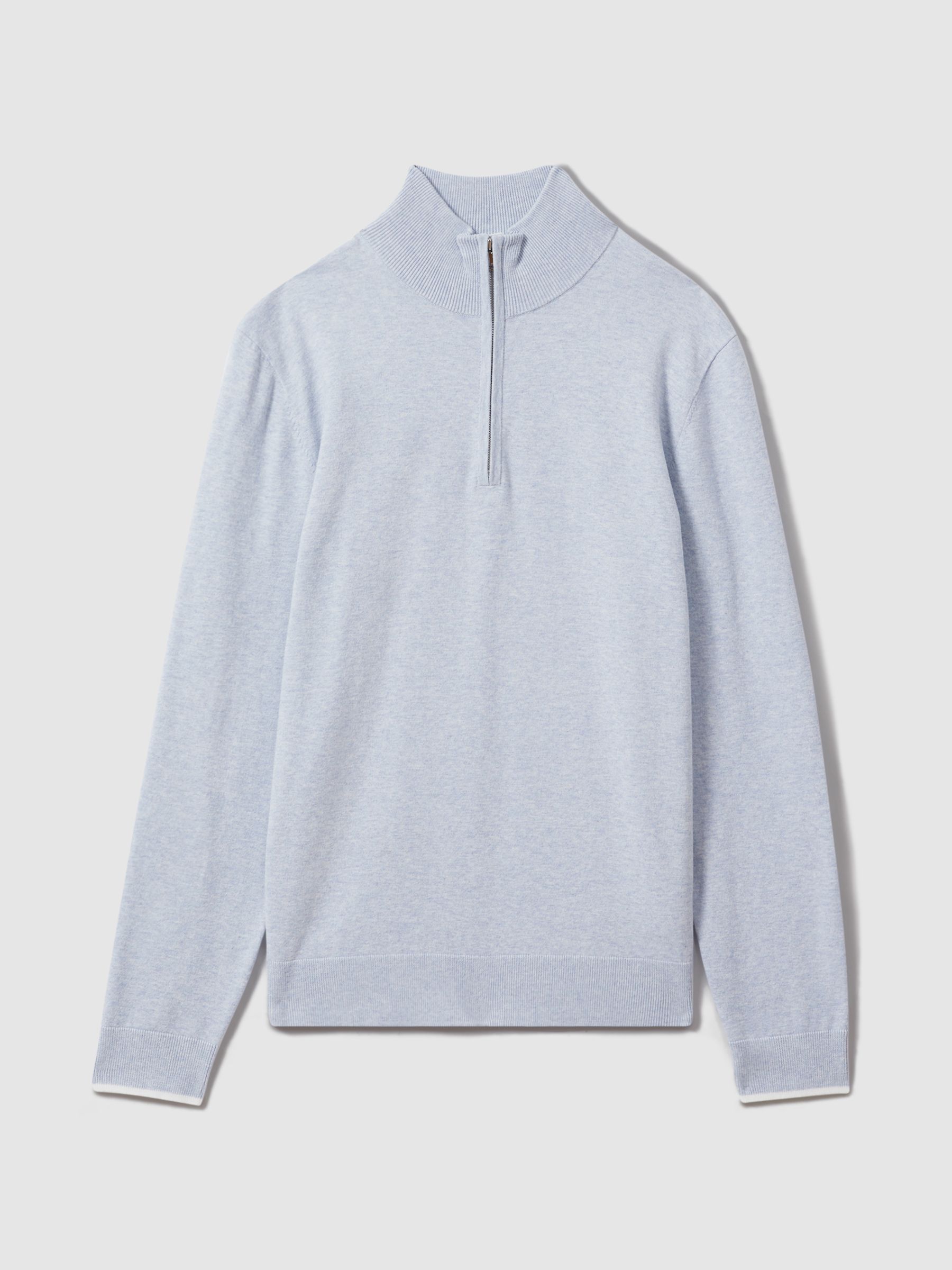 Cotton Blend Half-Zip Funnel Neck Jumper in Soft Blue Melange - Image 2 of 6