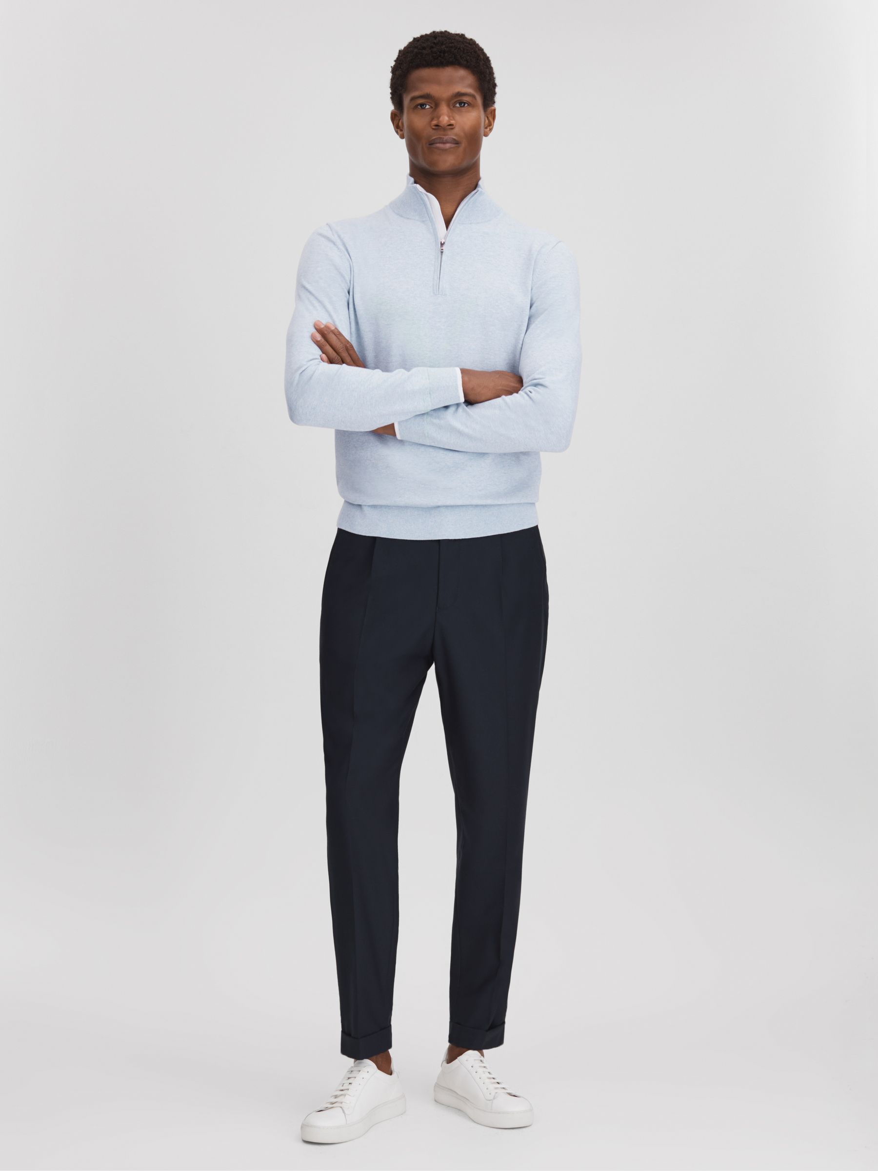 Cotton Blend Half-Zip Funnel Neck Jumper in Soft Blue Melange - Image 3 of 6