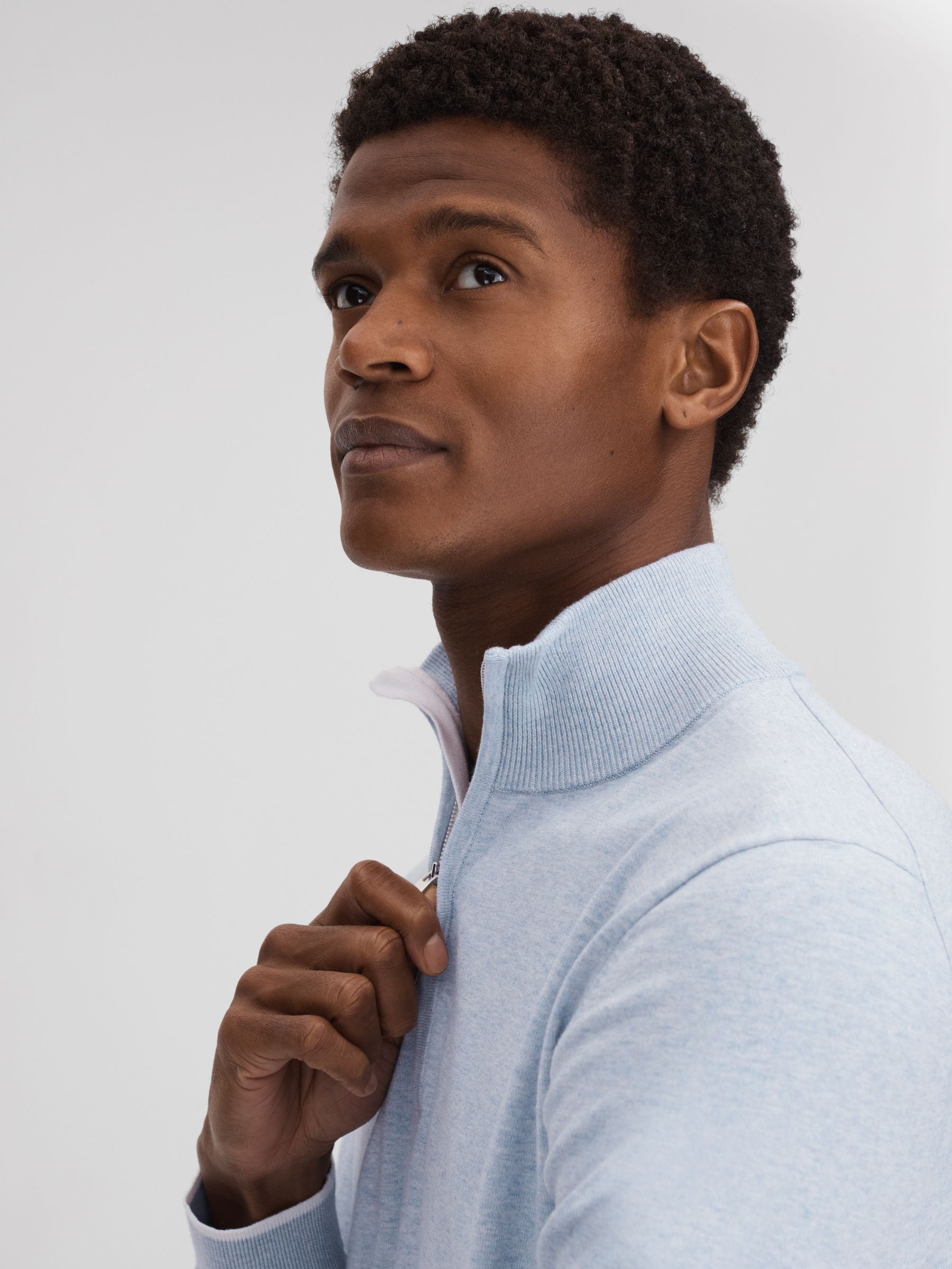 Cotton Blend Half-Zip Funnel Neck Jumper in Soft Blue Melange - Image 4 of 6