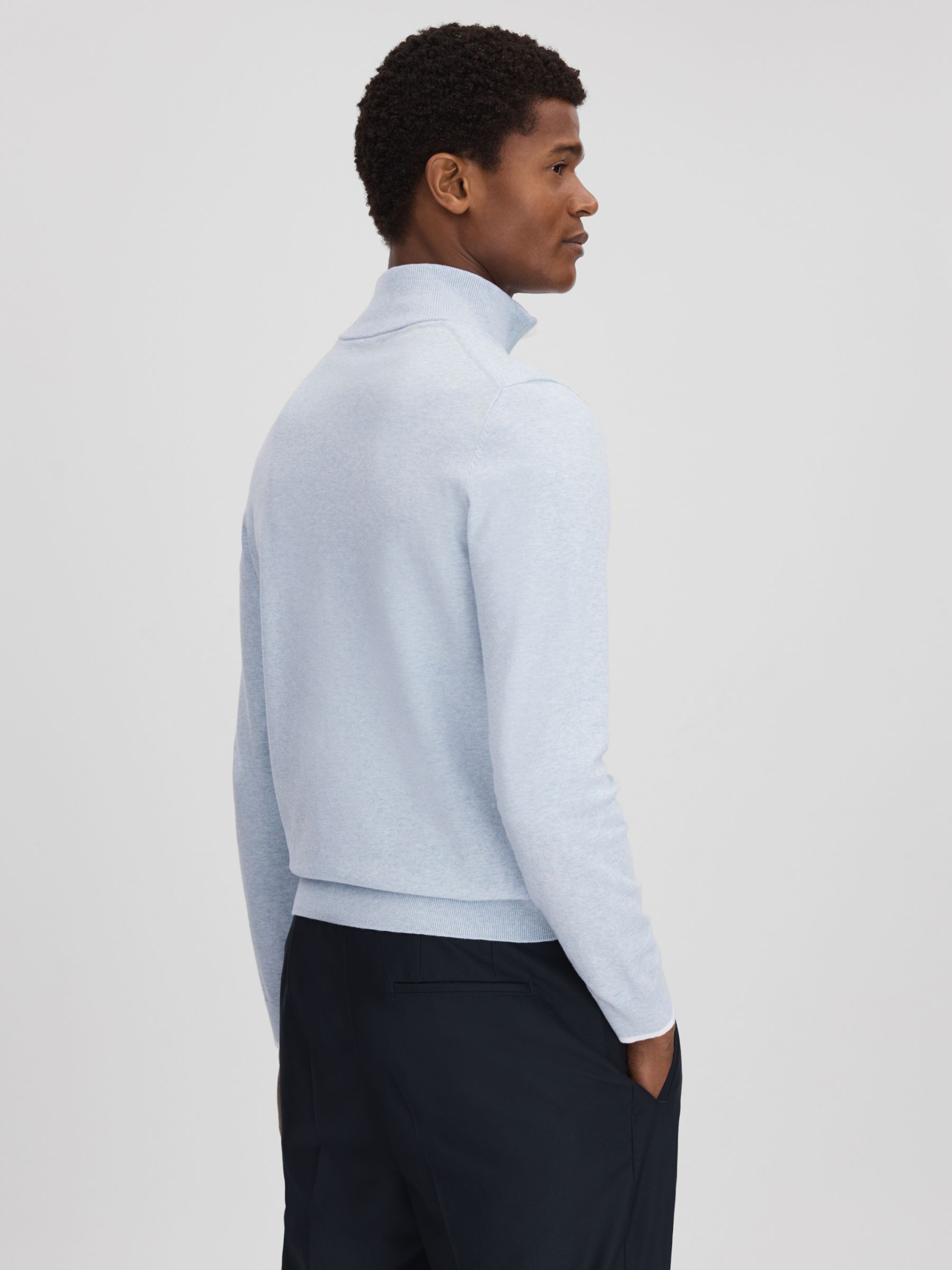 Cotton Blend Half-Zip Funnel Neck Jumper in Soft Blue Melange - Image 5 of 6