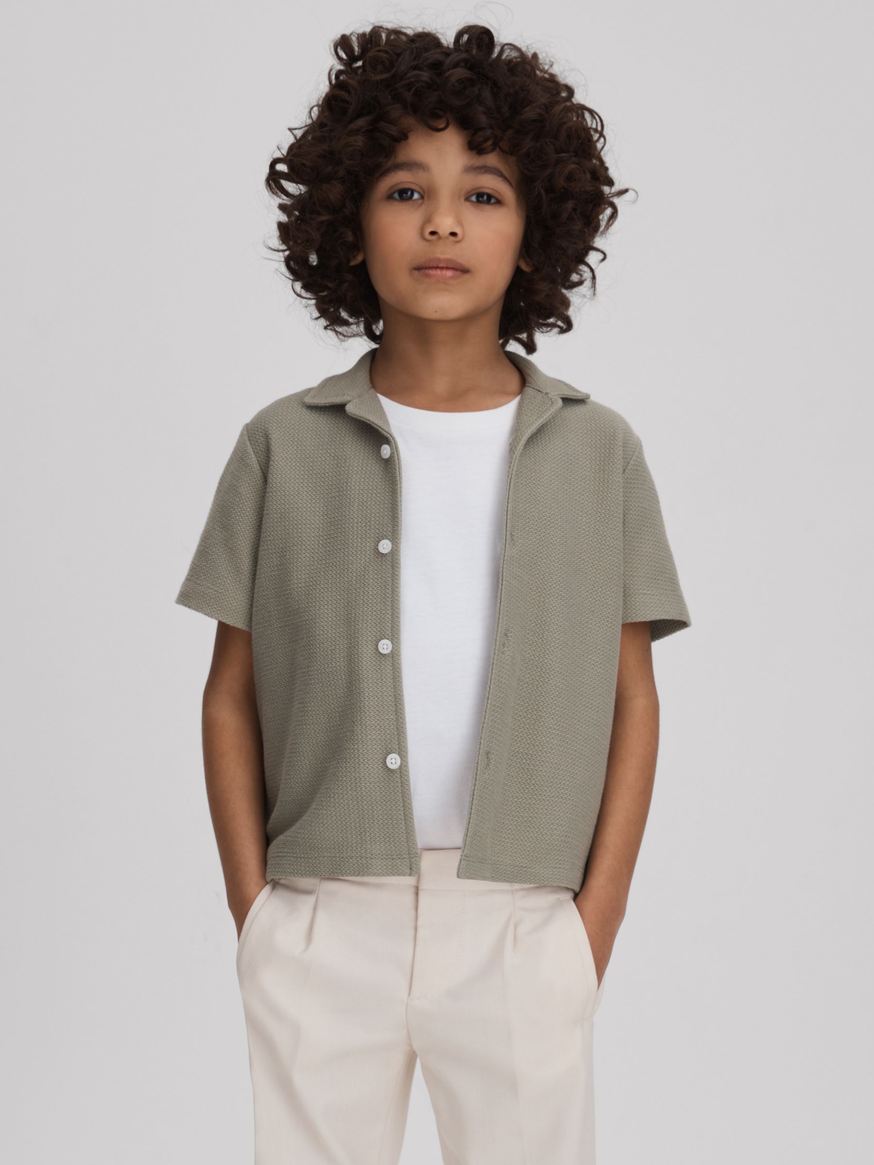 Senior Textured Cotton Cuban Collar Shirt in Pistachio - Image 1 of 4 Senior Textured Cotton Cuban Collar Shirt in Pistachio - Image 1 of 4