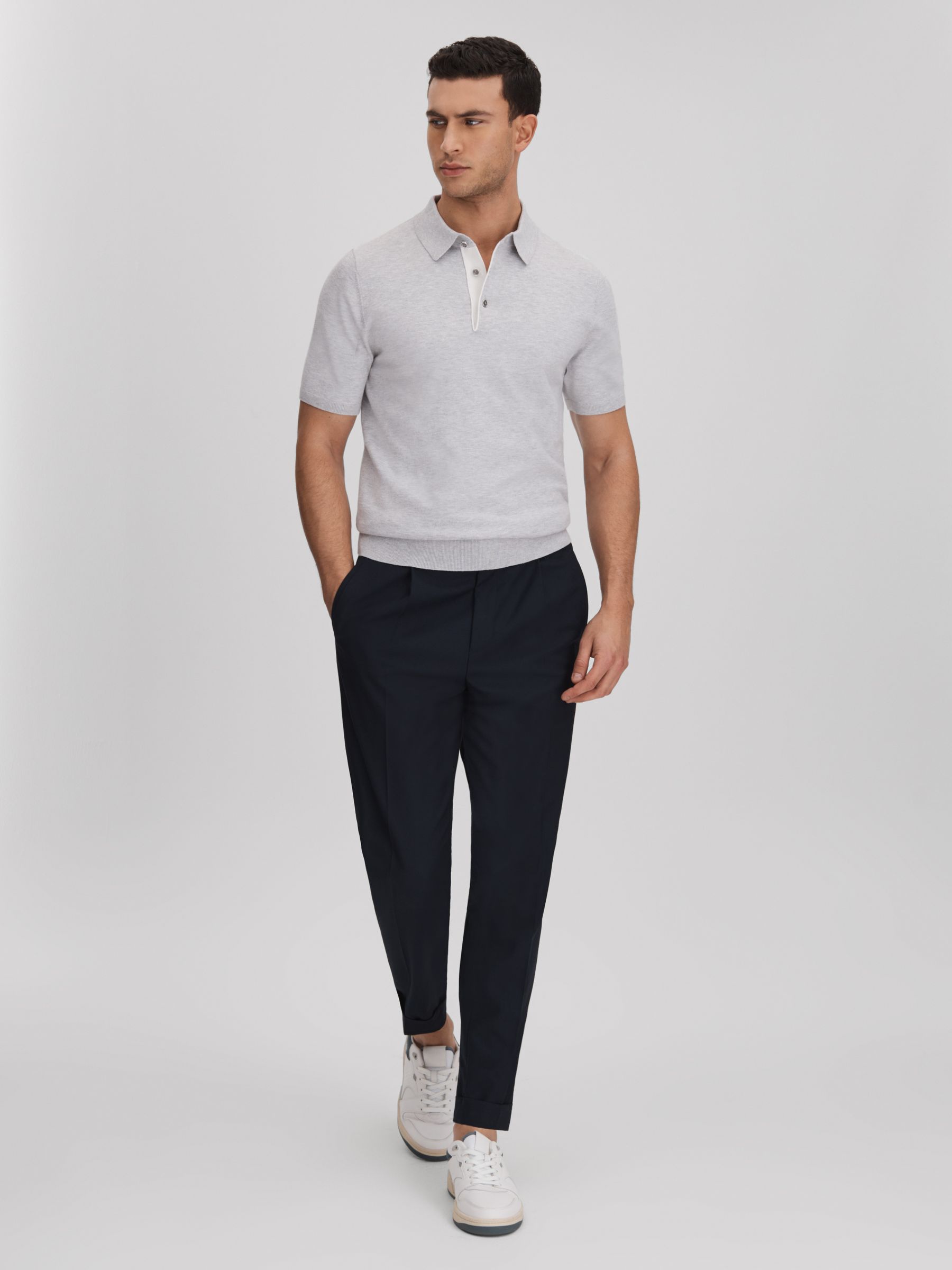 Cotton Blend Contrast Polo Shirt in Soft Grey - Image 3 of 6