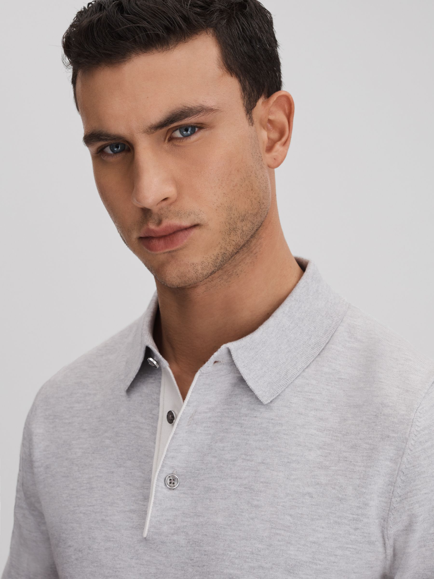 Cotton Blend Contrast Polo Shirt in Soft Grey - Image 4 of 6