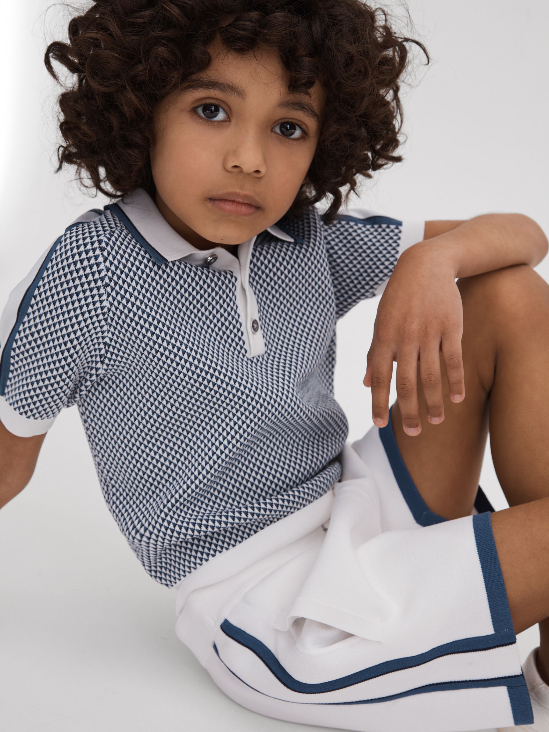 Junior Geometric Design Knitted Polo Shirt in Blue - Image 1 of 4