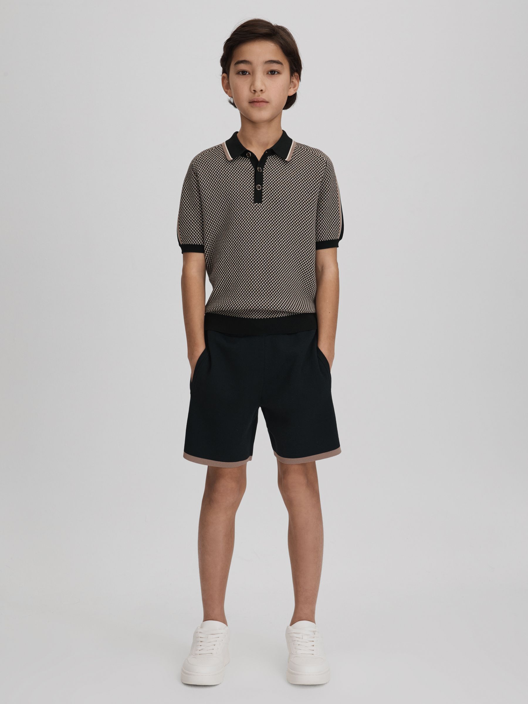 Teen Geometric Design Knitted Polo Shirt in Hunting Green - Image 4 of 6