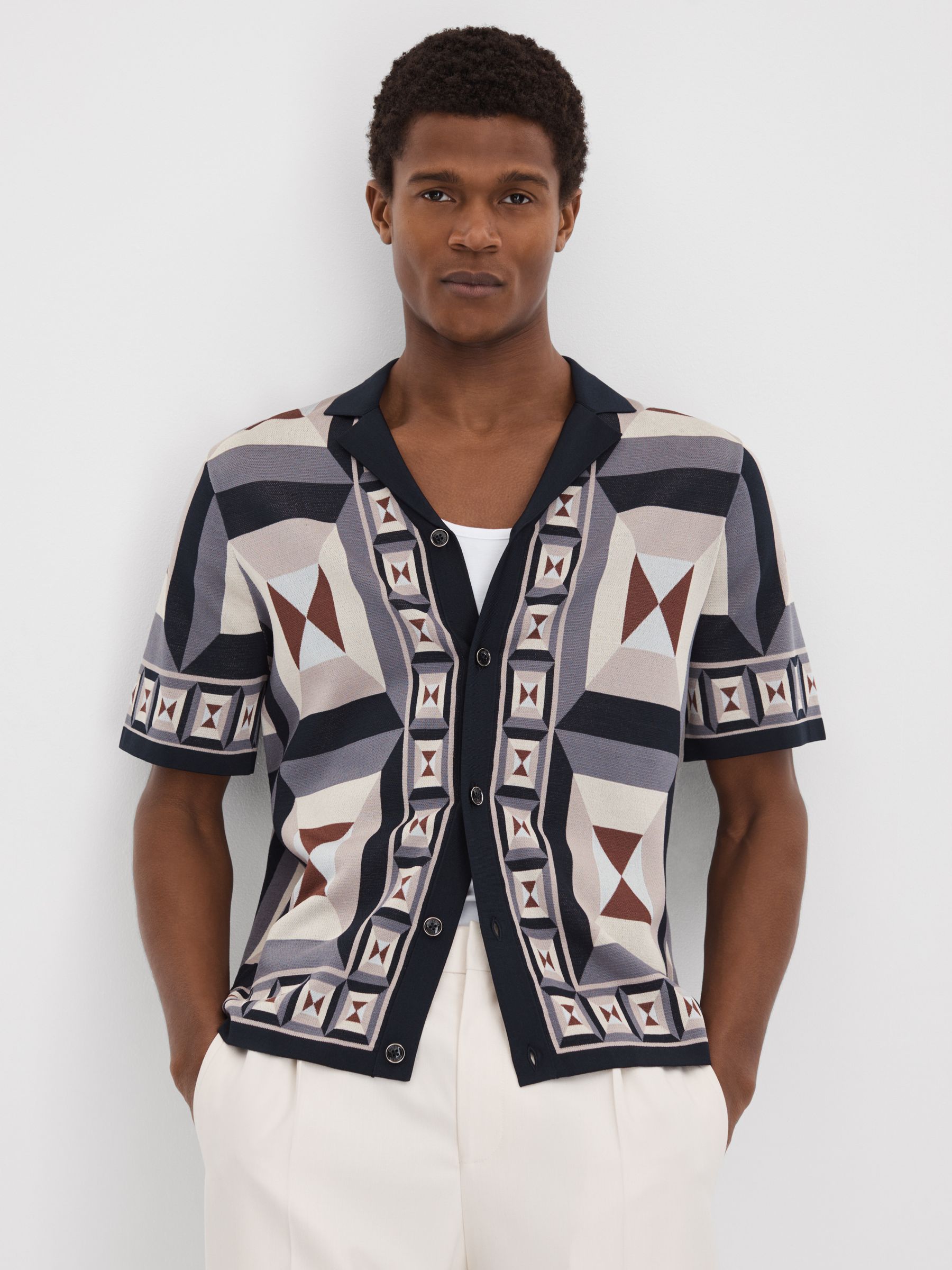 Knitted Cuban Collar Shirt in Blue Multi - Image 1 of 6