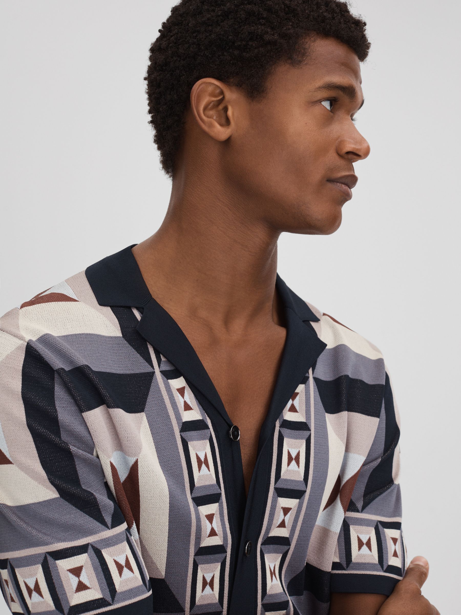 Knitted Cuban Collar Shirt in Blue Multi - Image 4 of 6