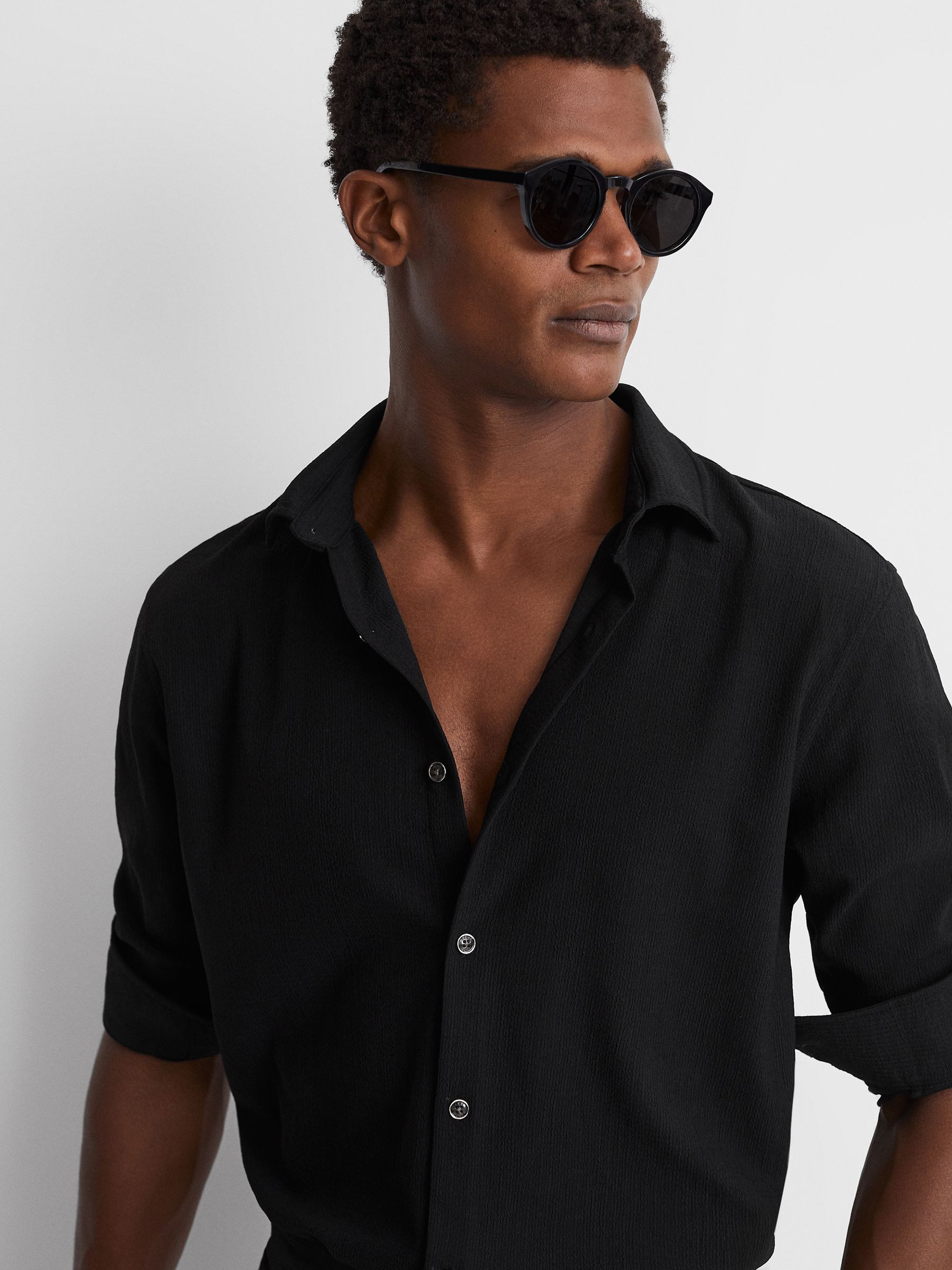 Textured Button-Through Shirt in Black - Image 1 of 4