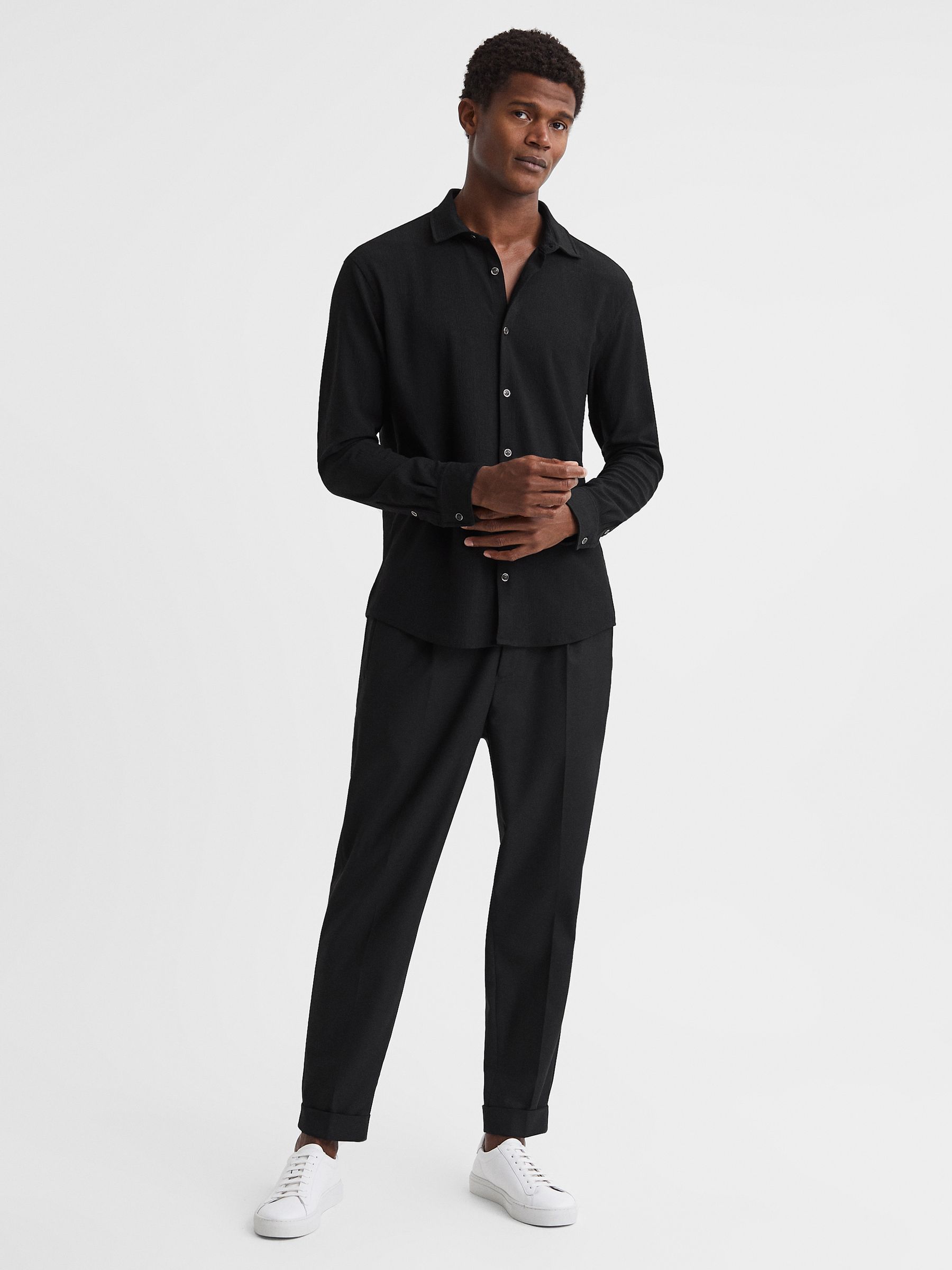 Textured Button-Through Shirt in Black - Image 3 of 4
