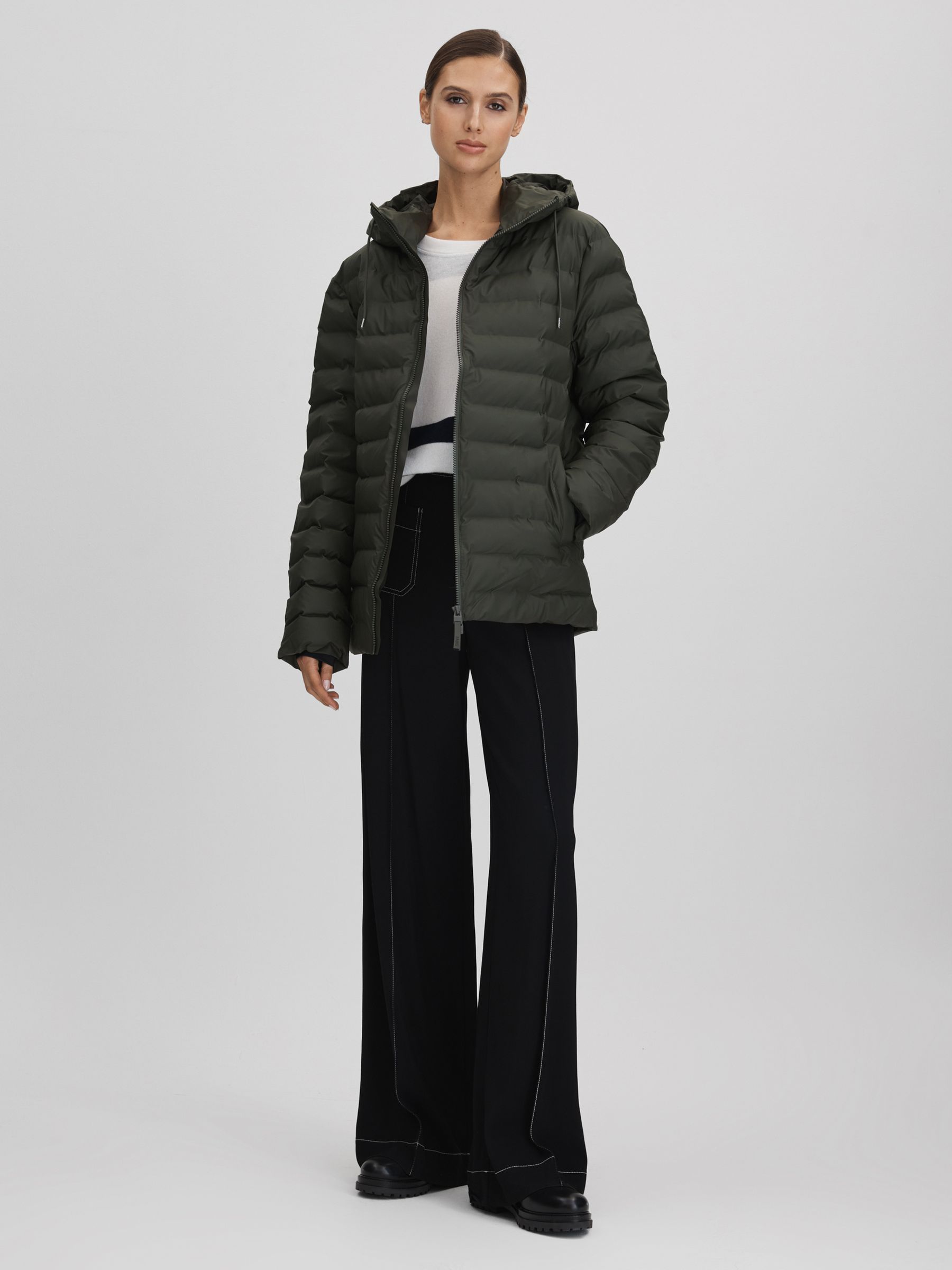 Rains Hooded Puffer Jacket in Green - Image 3 of 11