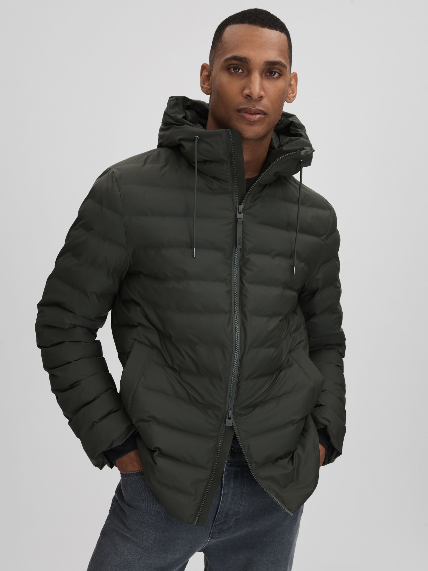 Rains Hooded Puffer Jacket in Green - Image 9 of 11