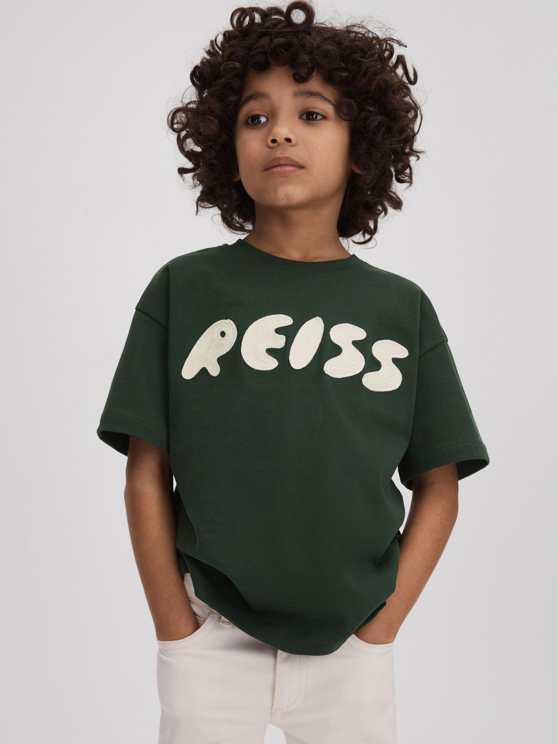 Junior Cotton Crew Neck Motif T-Shirt in Hunting Green - Image 3 of 4
