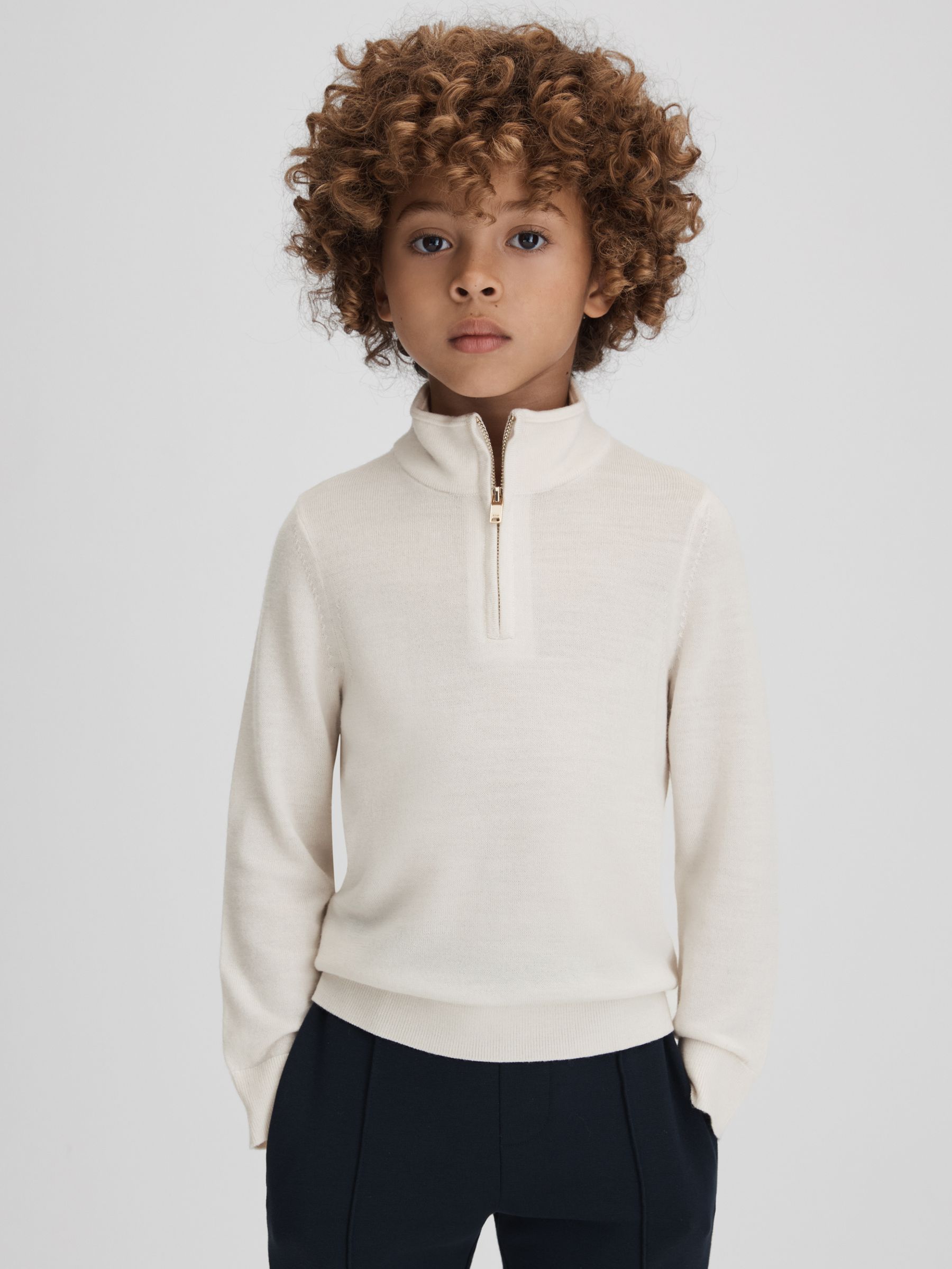 3-9 yrs Wool Half-Zip Funnel Neck Jumper in Snow - Image 1 of 6