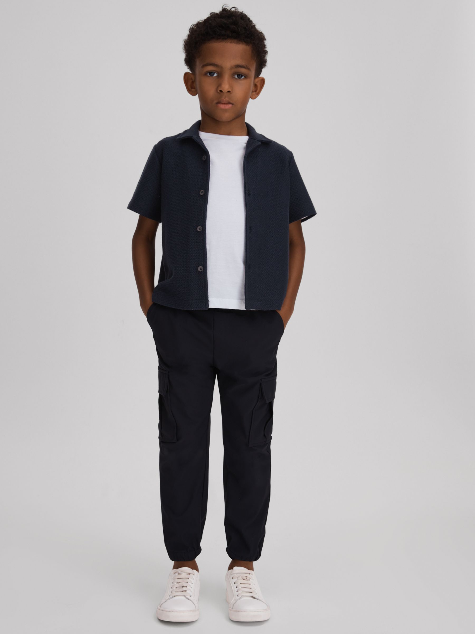 9-13 yrs Textured Cotton Cuban Collar Shirt in Navy - Image 3 of 4