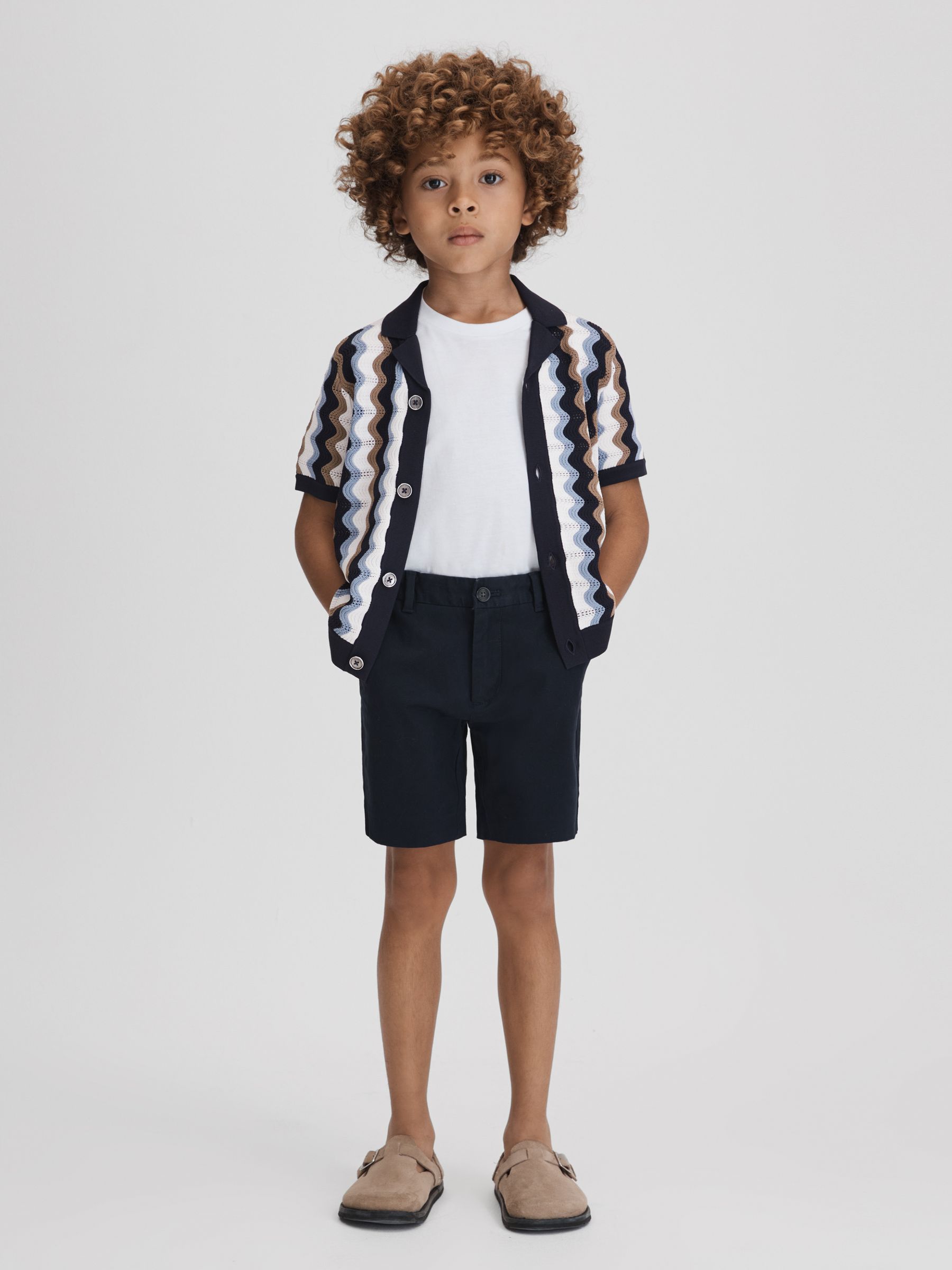 Senior Knitted Cuban Collar Shirt in Blue Multi - Image 1 of 6