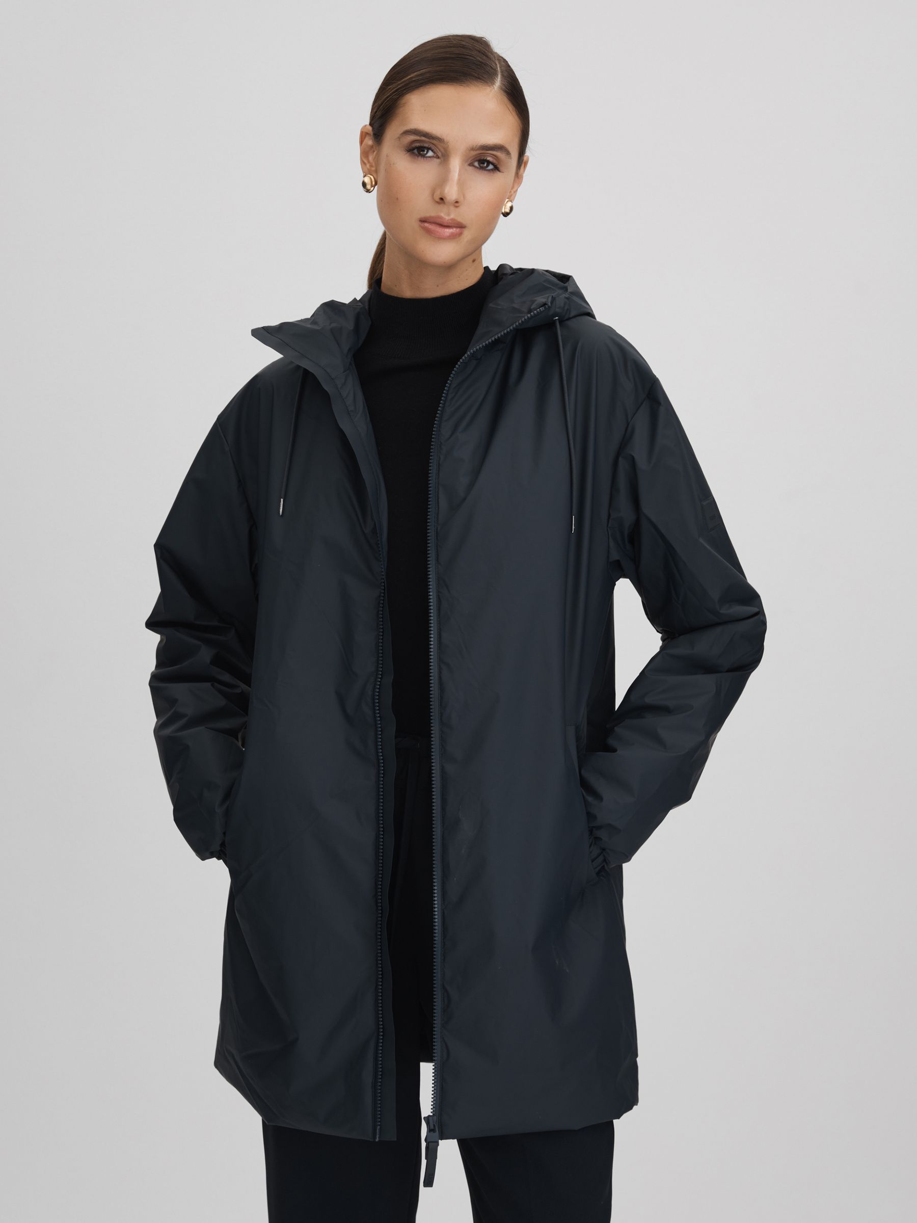 Rains Waterproof Long Jacket in Navy - Image 1 of 10