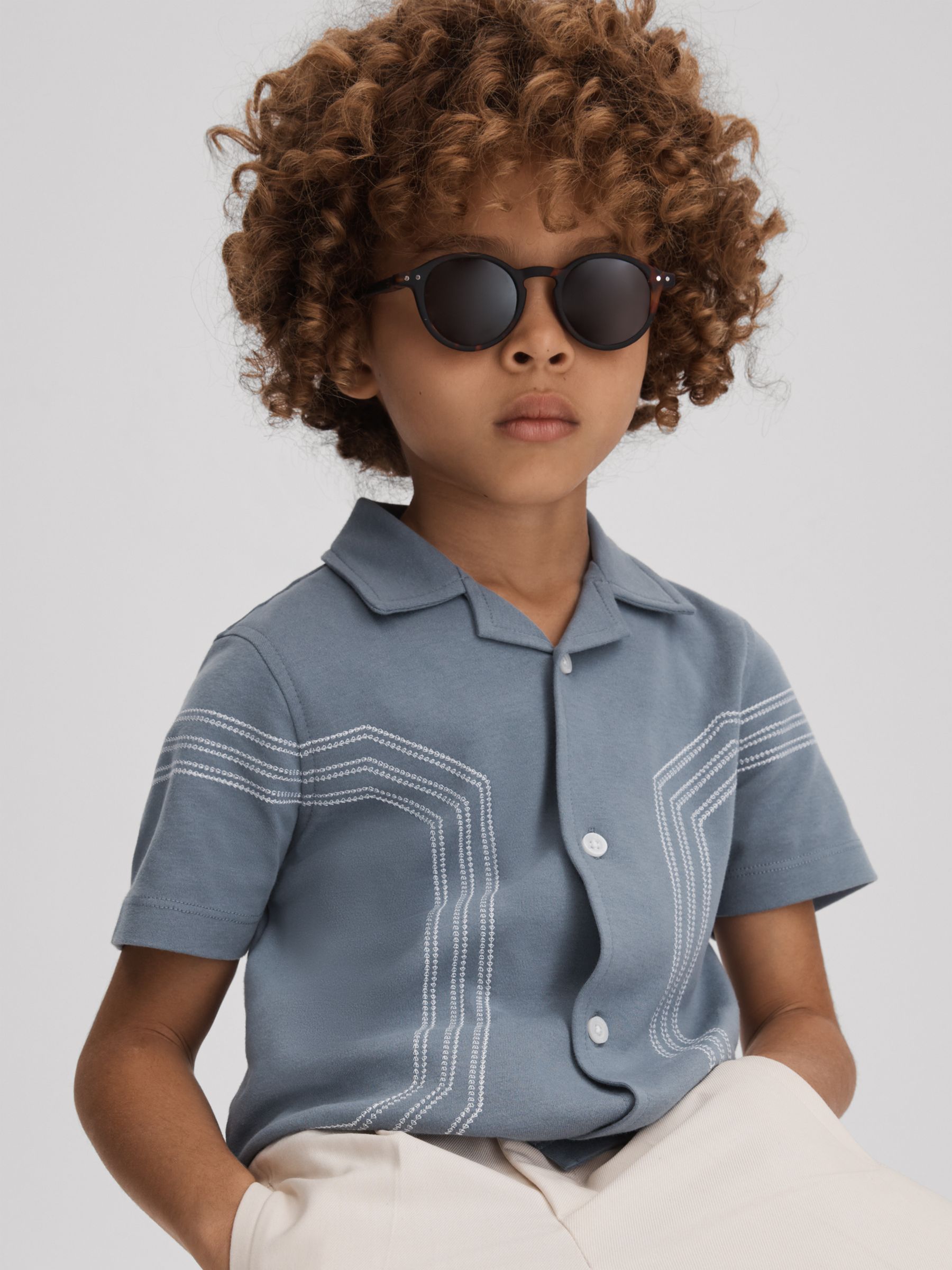 9-13 yrs Cotton Embroidered Cuban Collar Shirt in Airforce Blue - Image 1 of 4