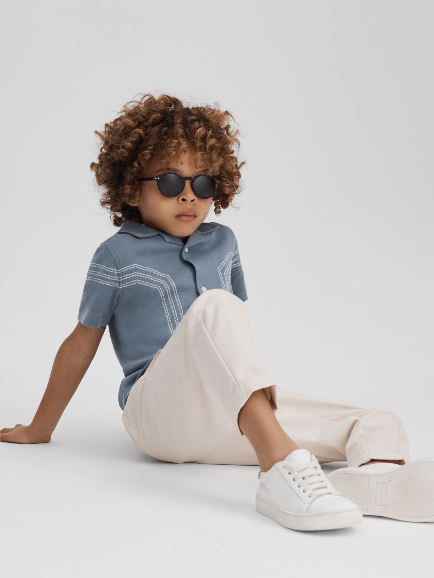 9-13 yrs Cotton Embroidered Cuban Collar Shirt in Airforce Blue - Image 3 of 4