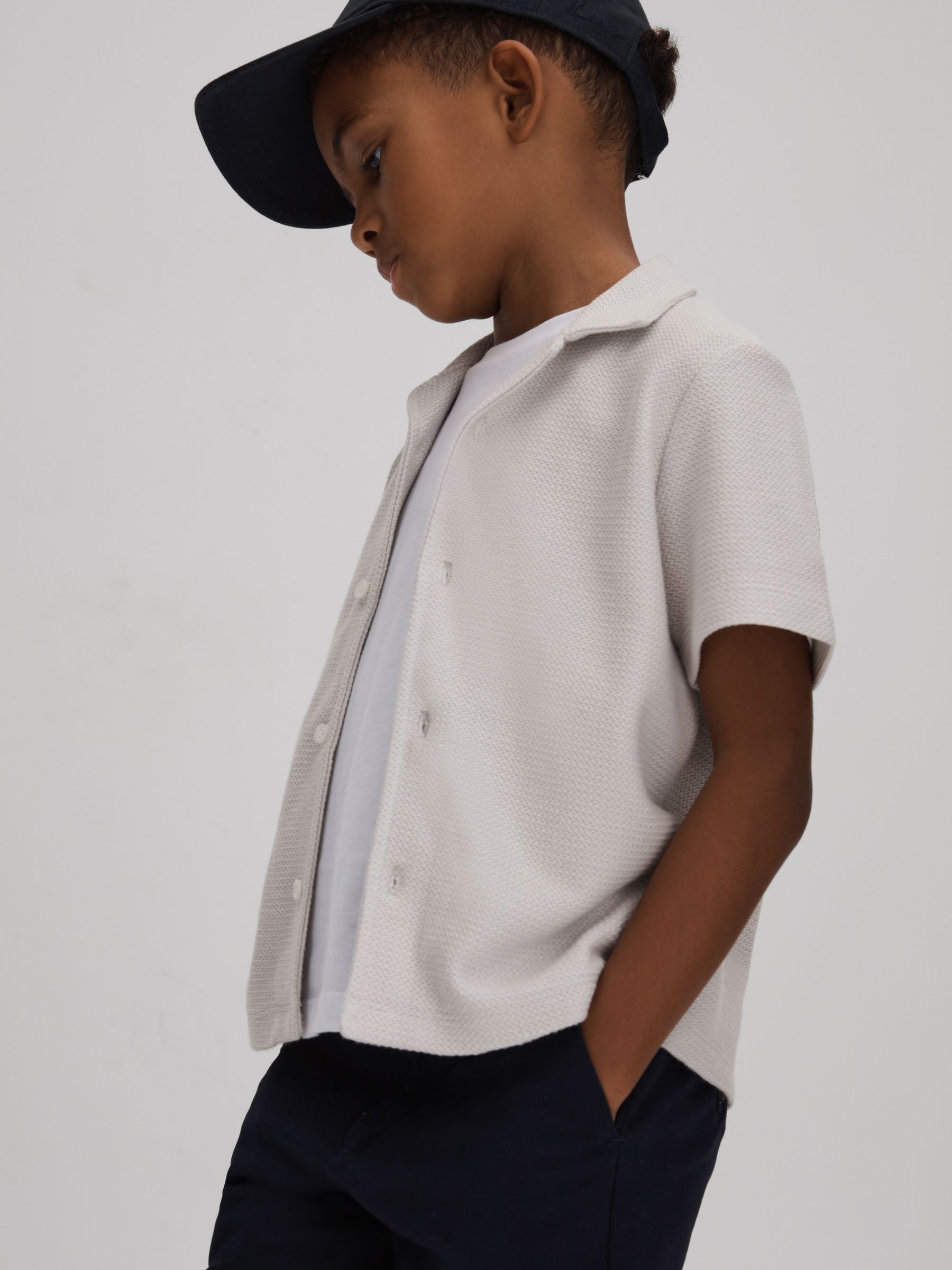 Senior Textured Cotton Cuban Collar Shirt in Silver - Image 1 of 4