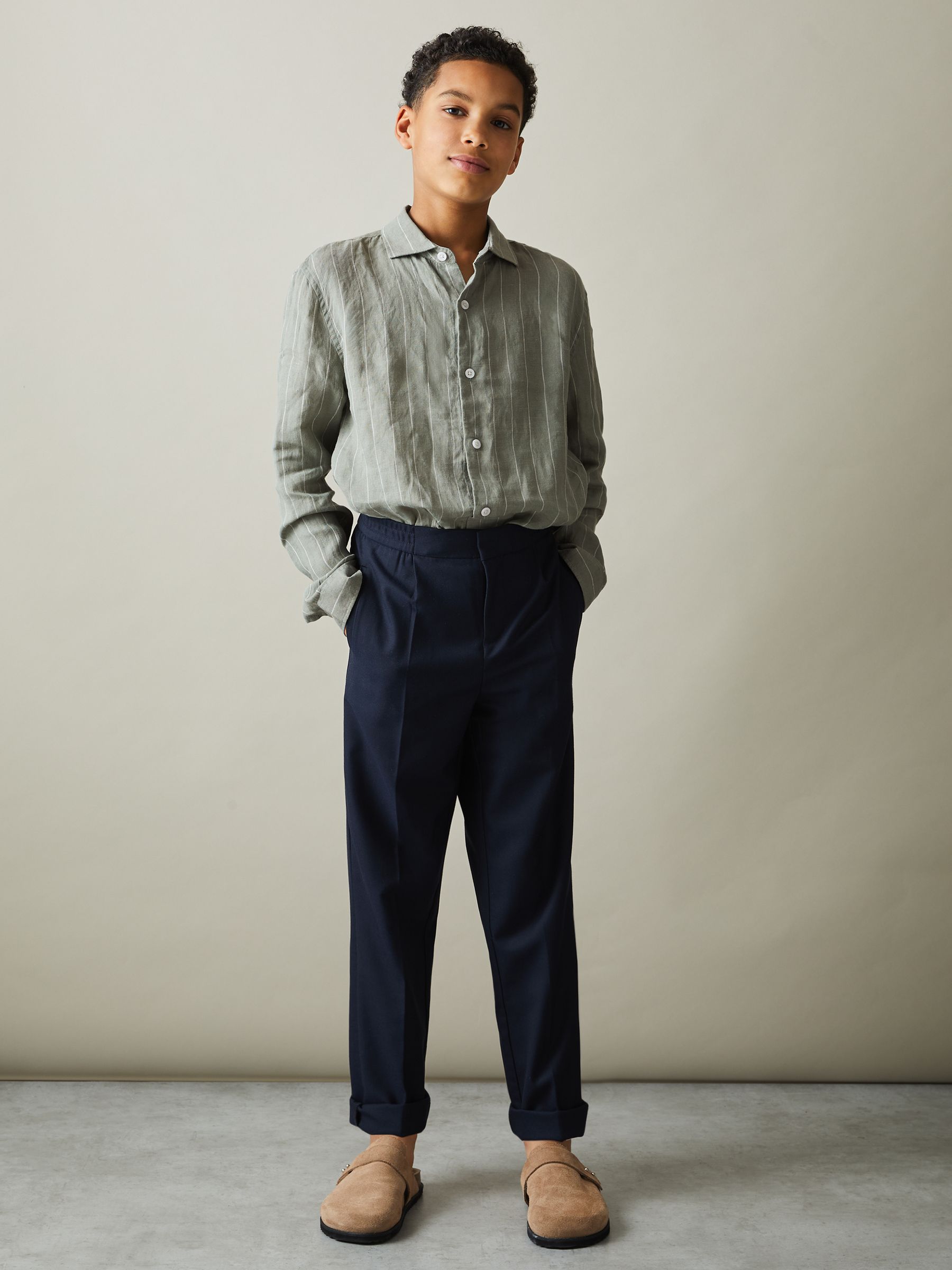 3-9 yrs Striped Linen Cutaway Collar Shirt in Sage Stripe - Image 1 of 4