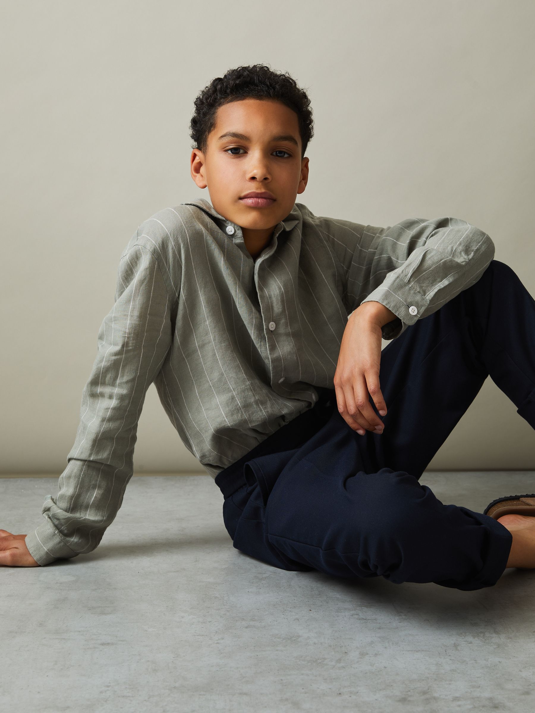 3-9 yrs Striped Linen Cutaway Collar Shirt in Sage Stripe - Image 3 of 4