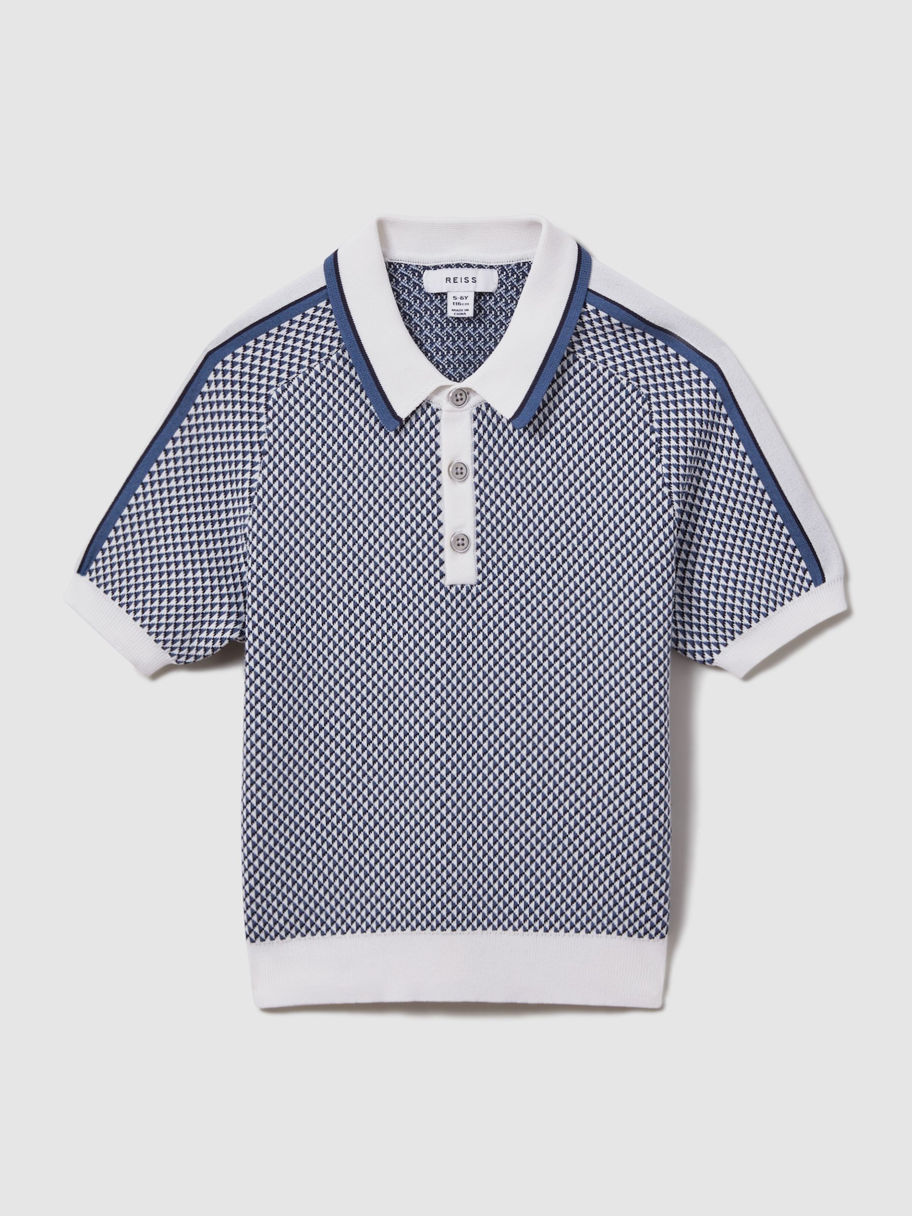 Senior Geometric Design Knitted Polo Shirt in Blue - Image 2 of 4