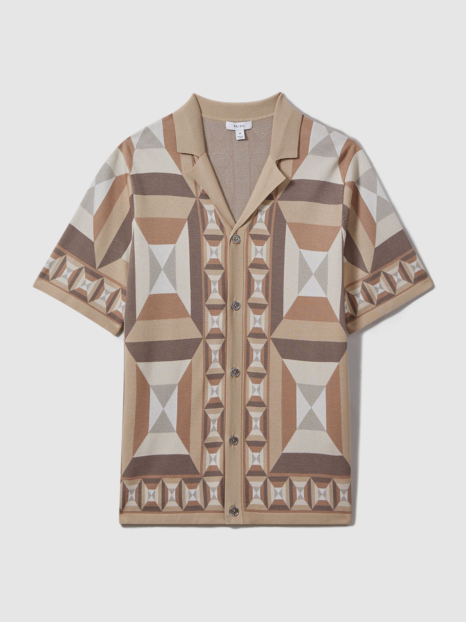 Knitted Cuban Collar Shirt in Camel Multi - Image 2 of 6