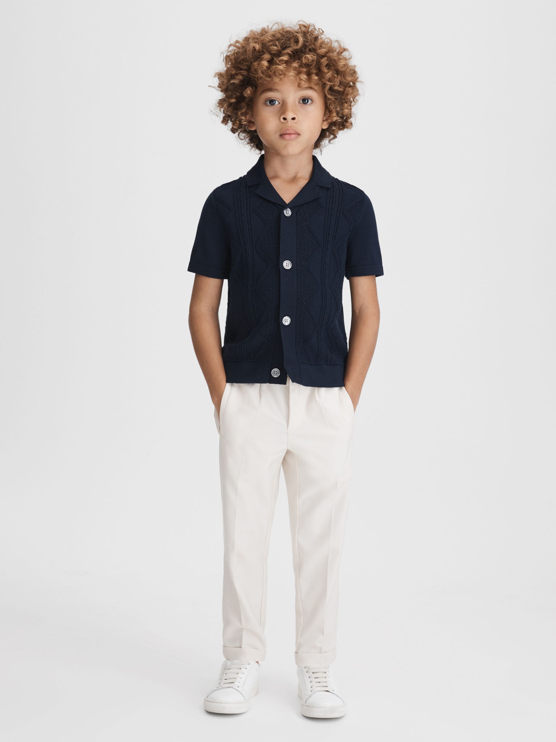 Senior Cable Knit Cuban Collar Shirt in Navy - Image 3 of 6