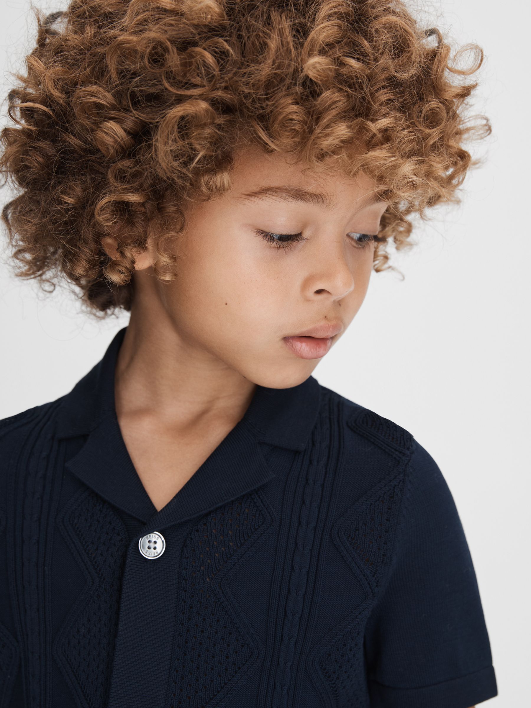 Senior Cable Knit Cuban Collar Shirt in Navy - Image 4 of 6