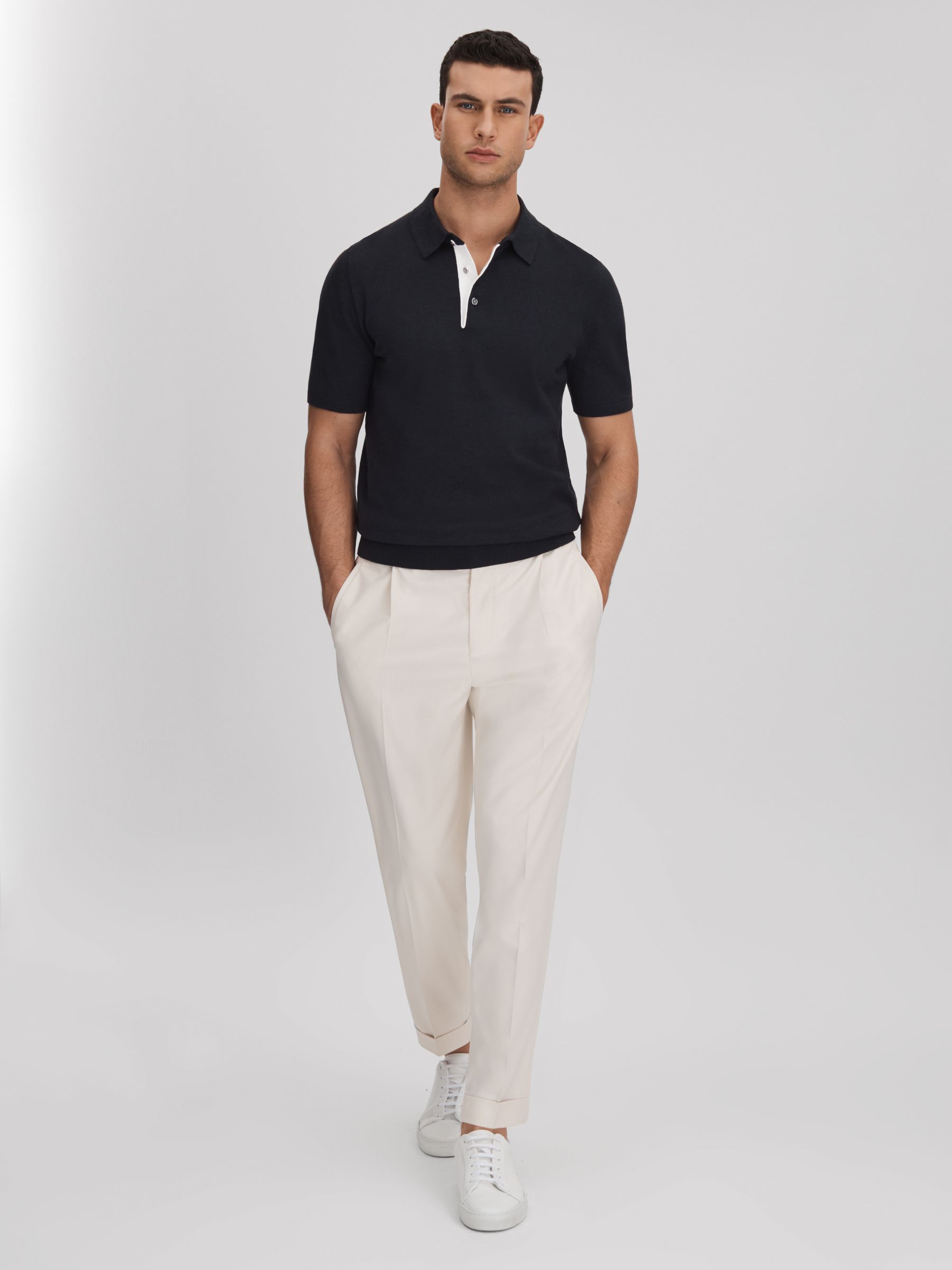 Cotton Blend Contrast Polo Shirt in Navy - Image 3 of 6